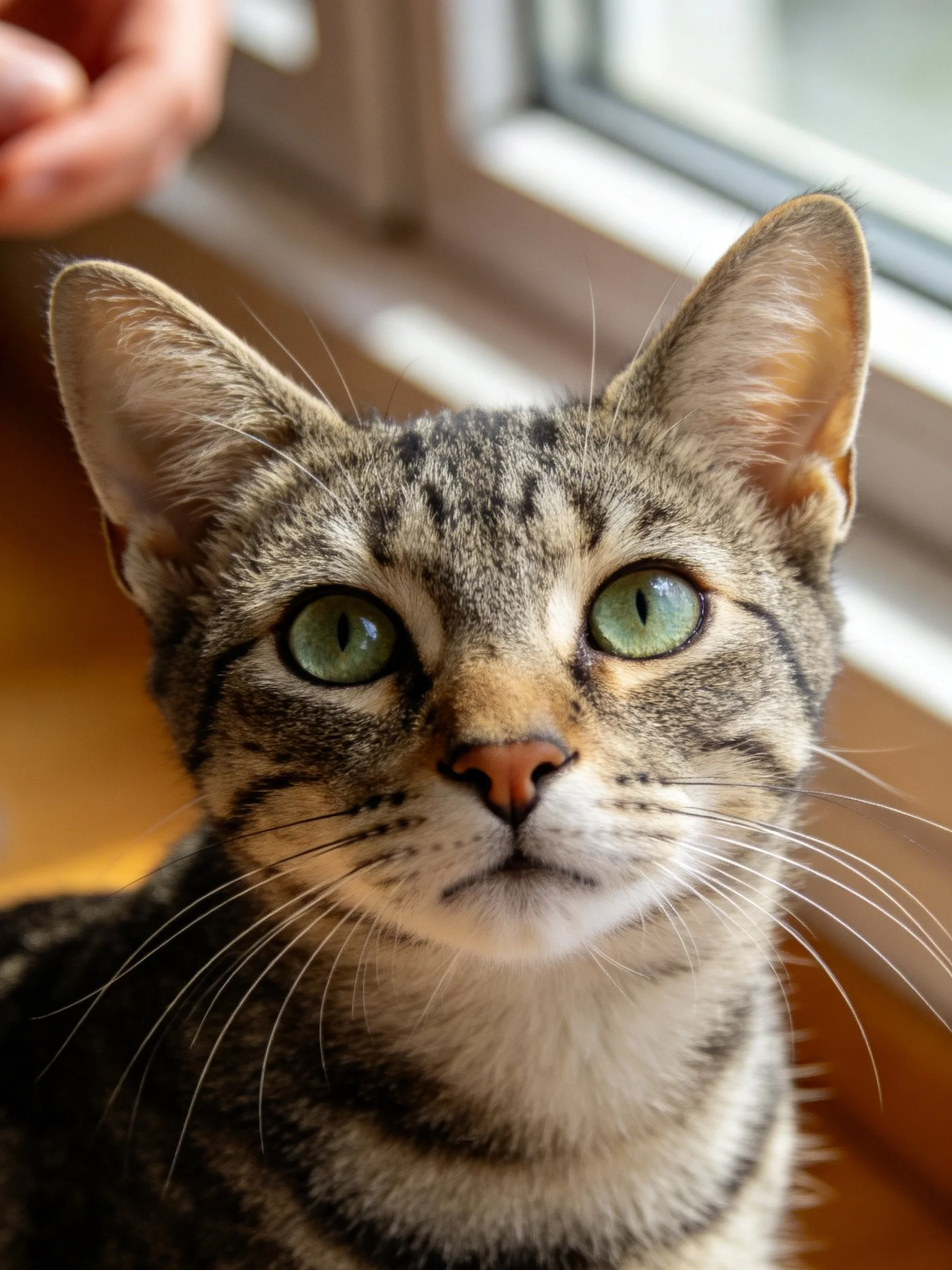 A tabby cat with bright green eyes is near a window.