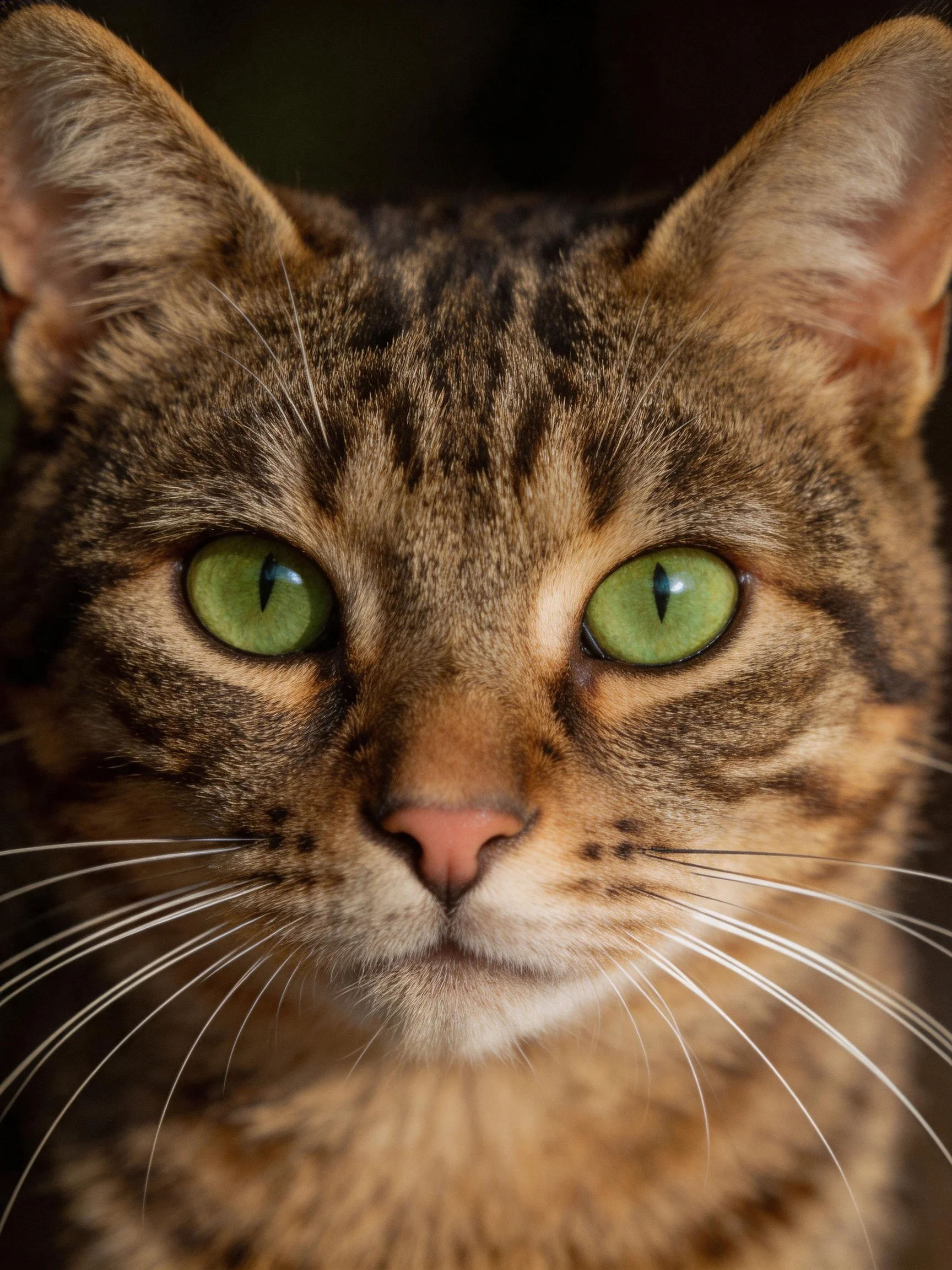 A tabby cat with striking green eyes is shown up close.