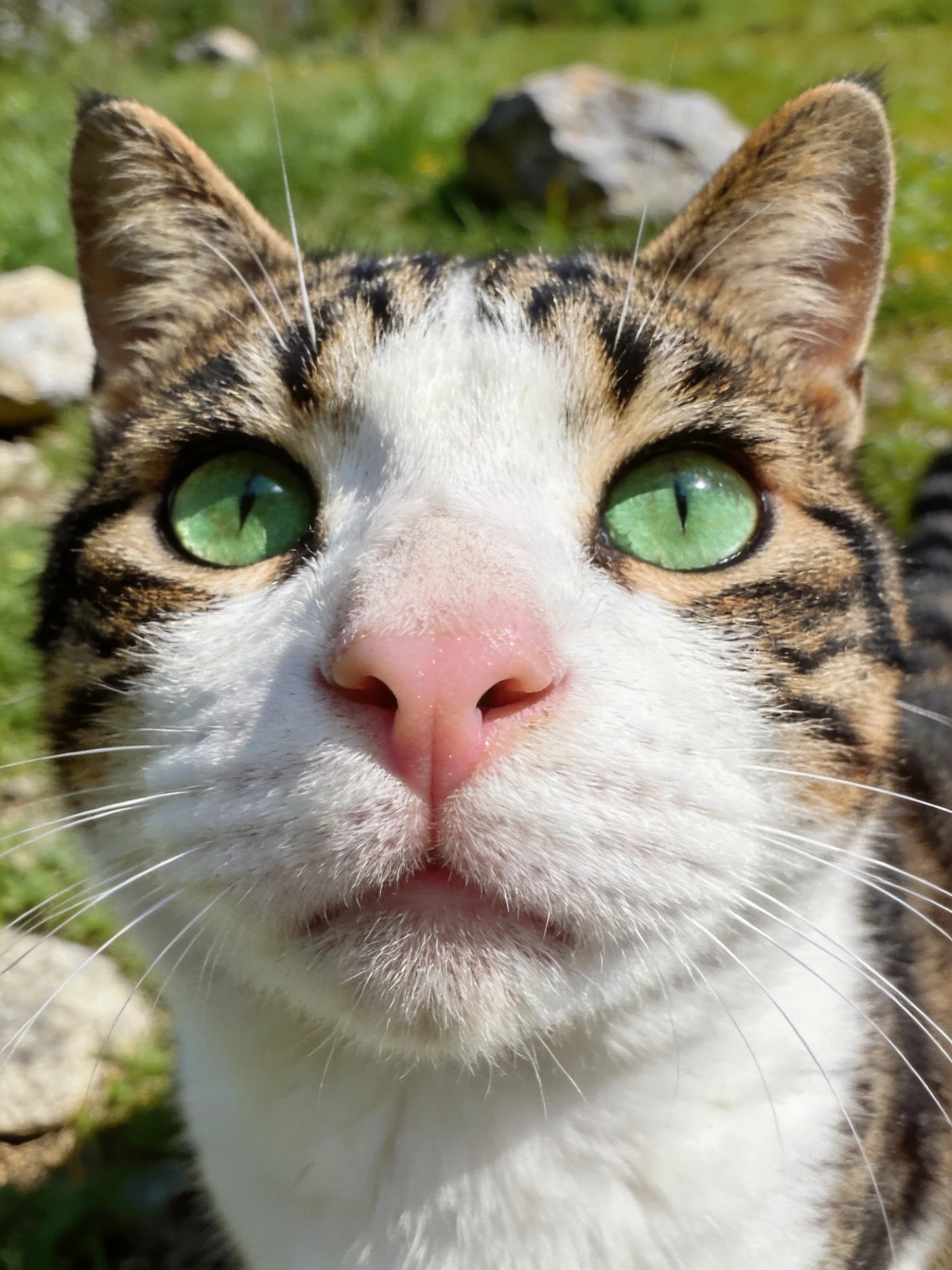 A tabby cat with bright green eyes is photographed up close in a grassy outdoor setting
