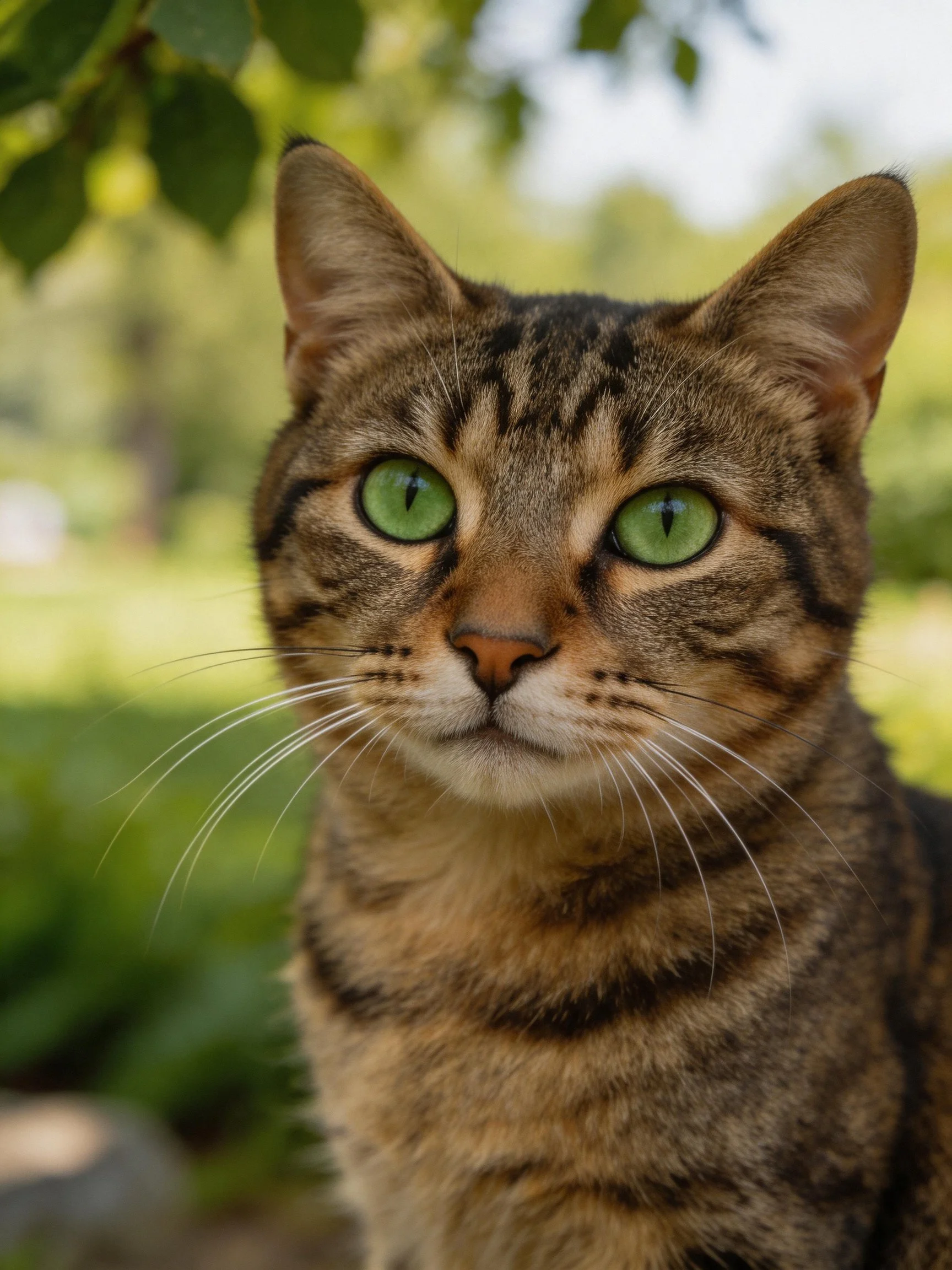 A tabby cat with bright green eyes is photographed up close in a sunlit outdoor area.