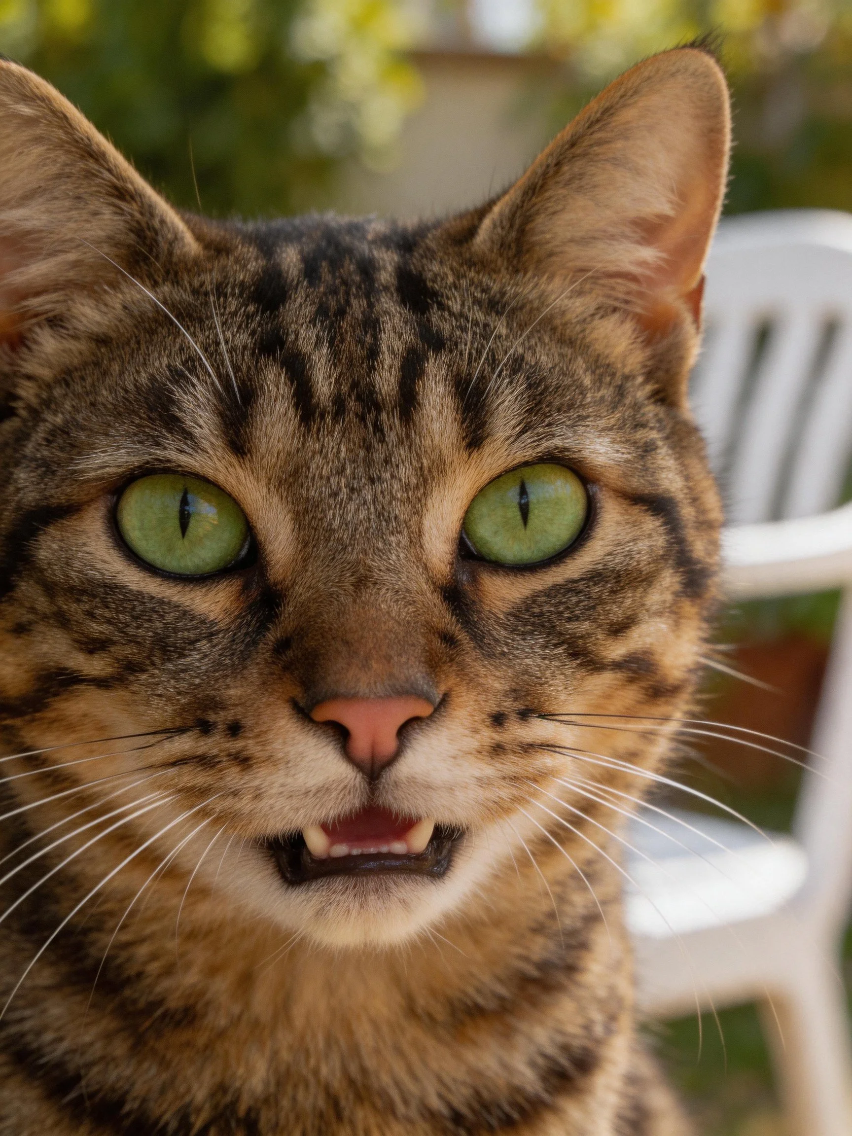 A tabby cat with bright green eyes is photographed in an outdoor setting