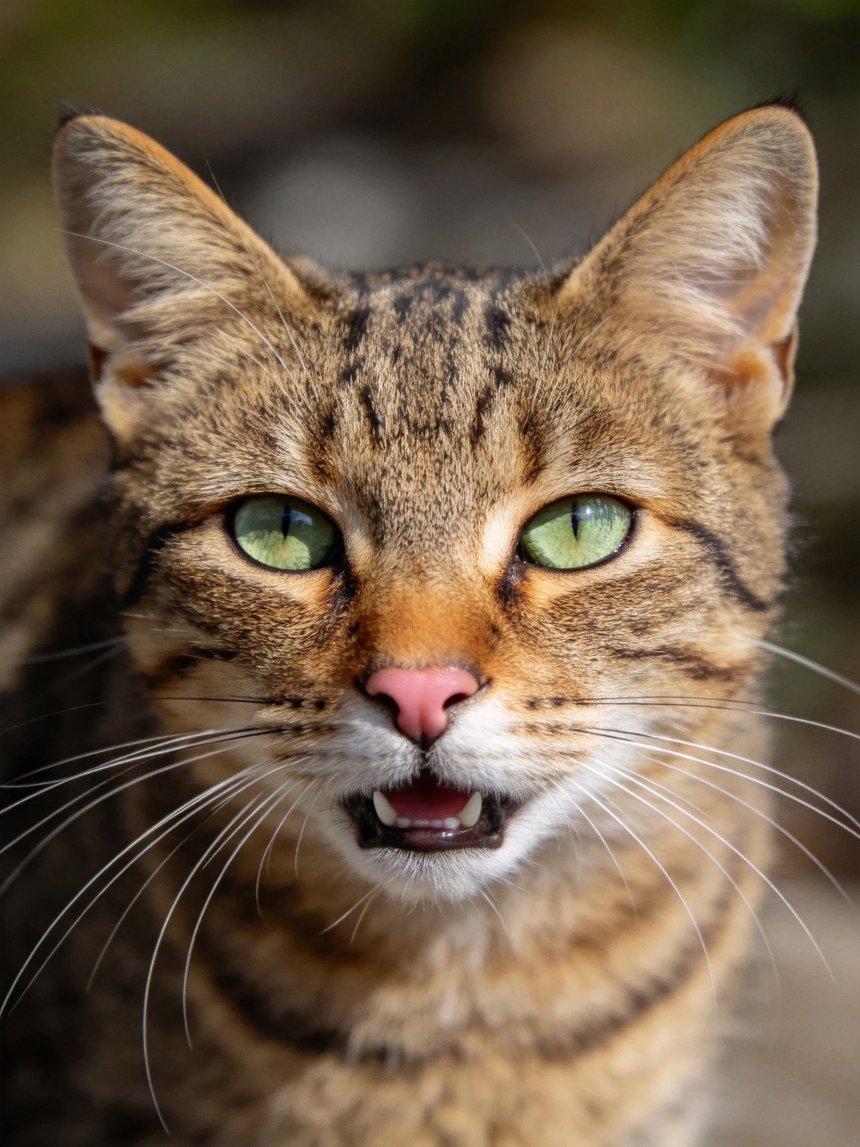 A close-up view of a tabby cat showcasing its green eyesand distinctive fur pattern.