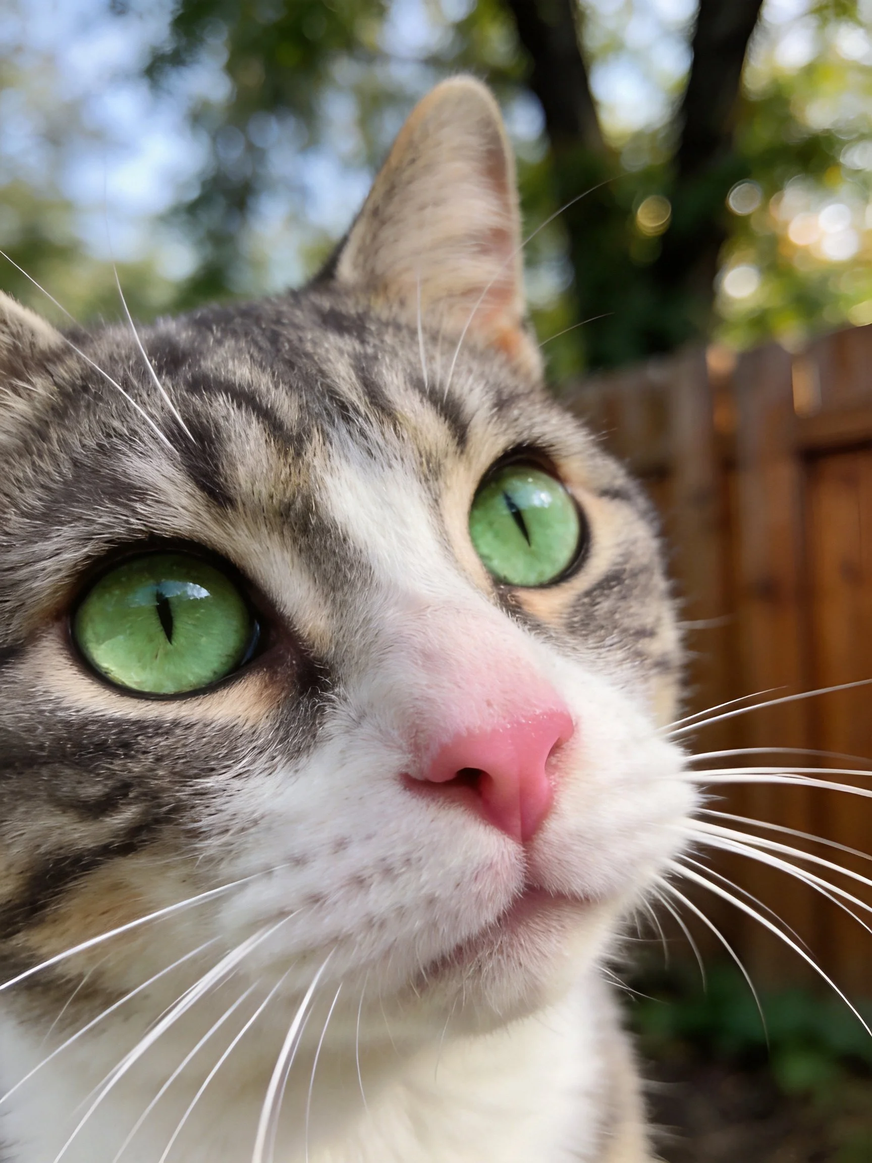 A close - up of a tabby cat with bright green eyes in an outdoor setting.
