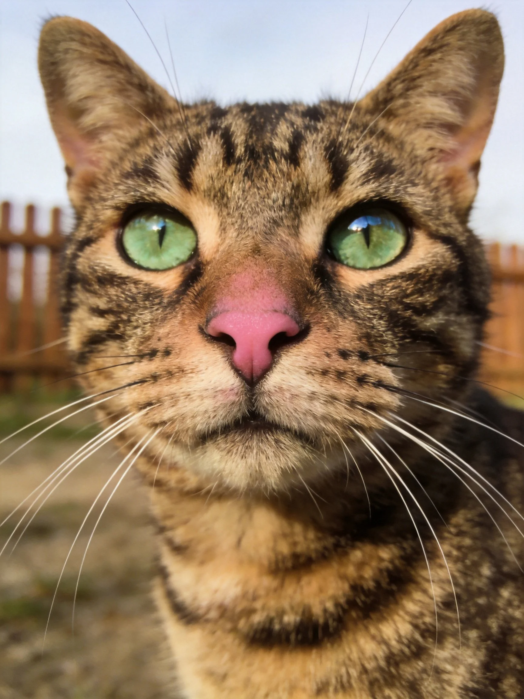 A tabby cat with bright green eyes is photographed up close near a wooden fence.