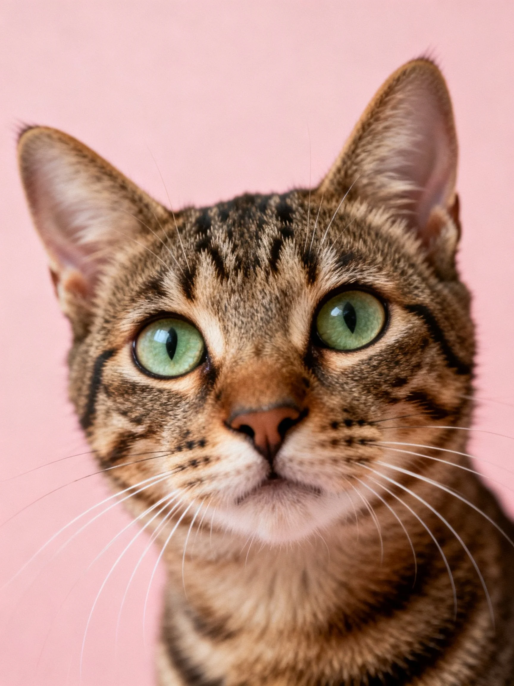 A close - up of a tabby cat with bright green eyes against a pink backdrop