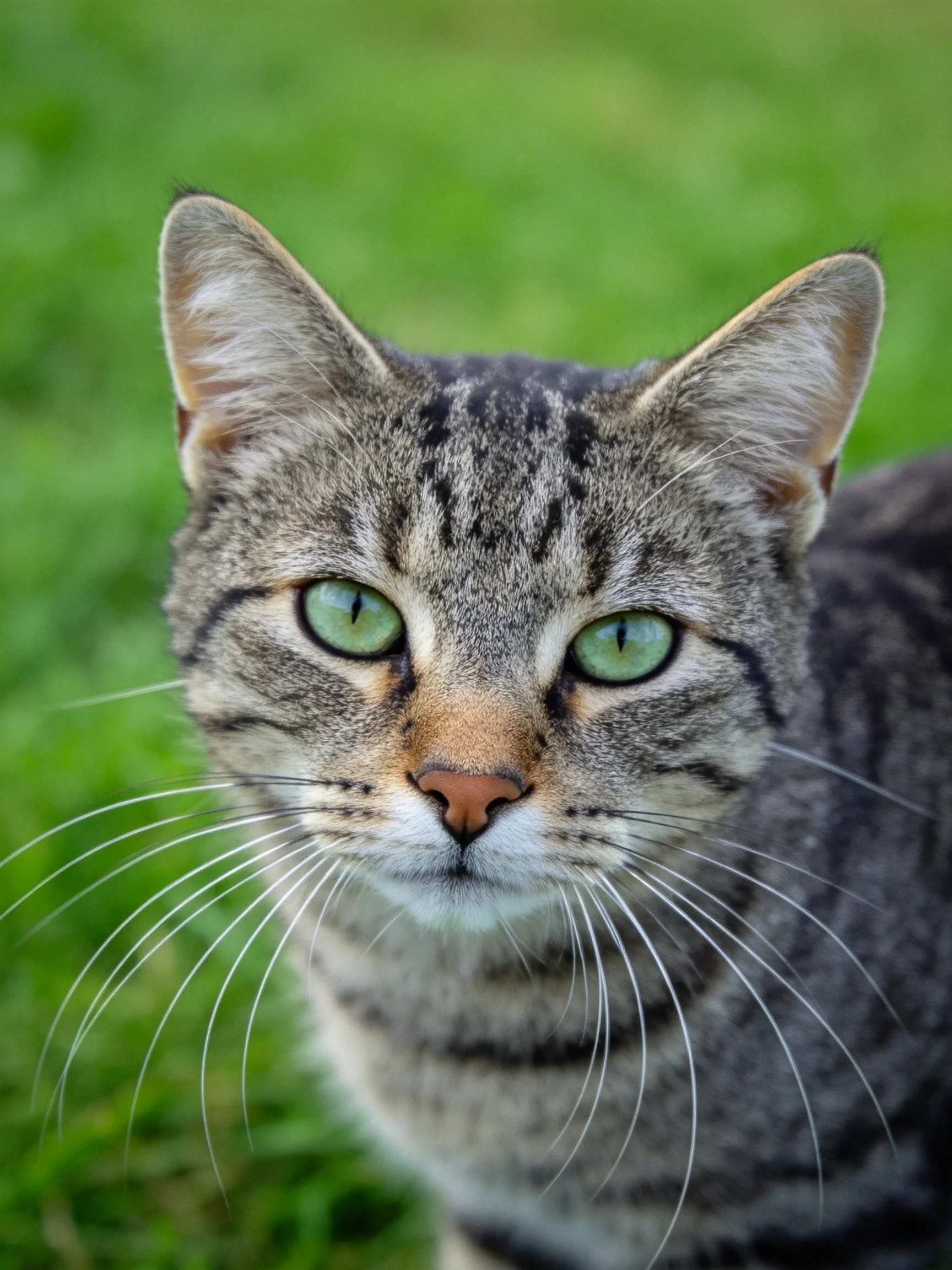 A tabby cat with bright green eyes is near green grass.