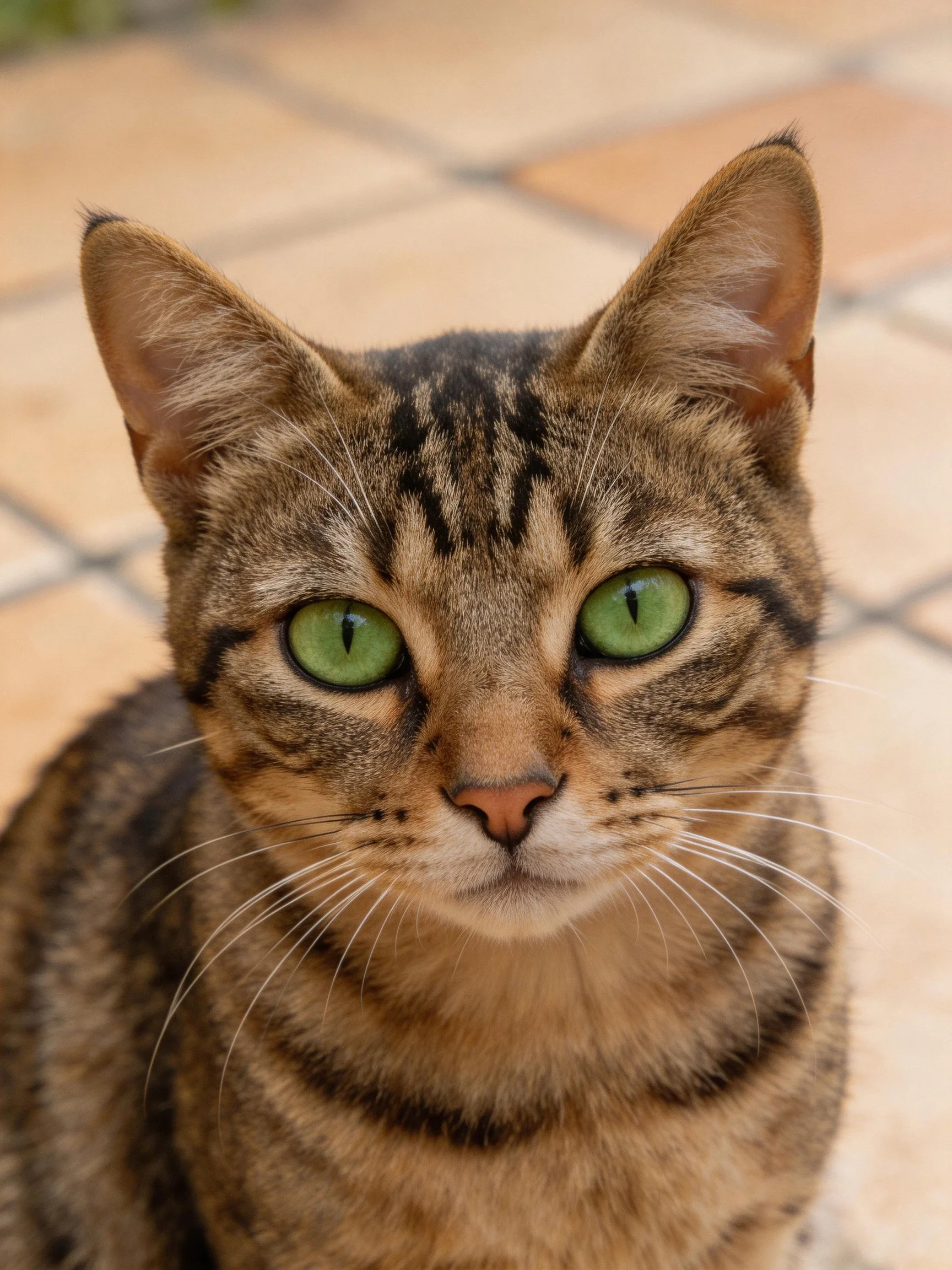 A tabby cat with bright green eyes sits on a tiled surface.
