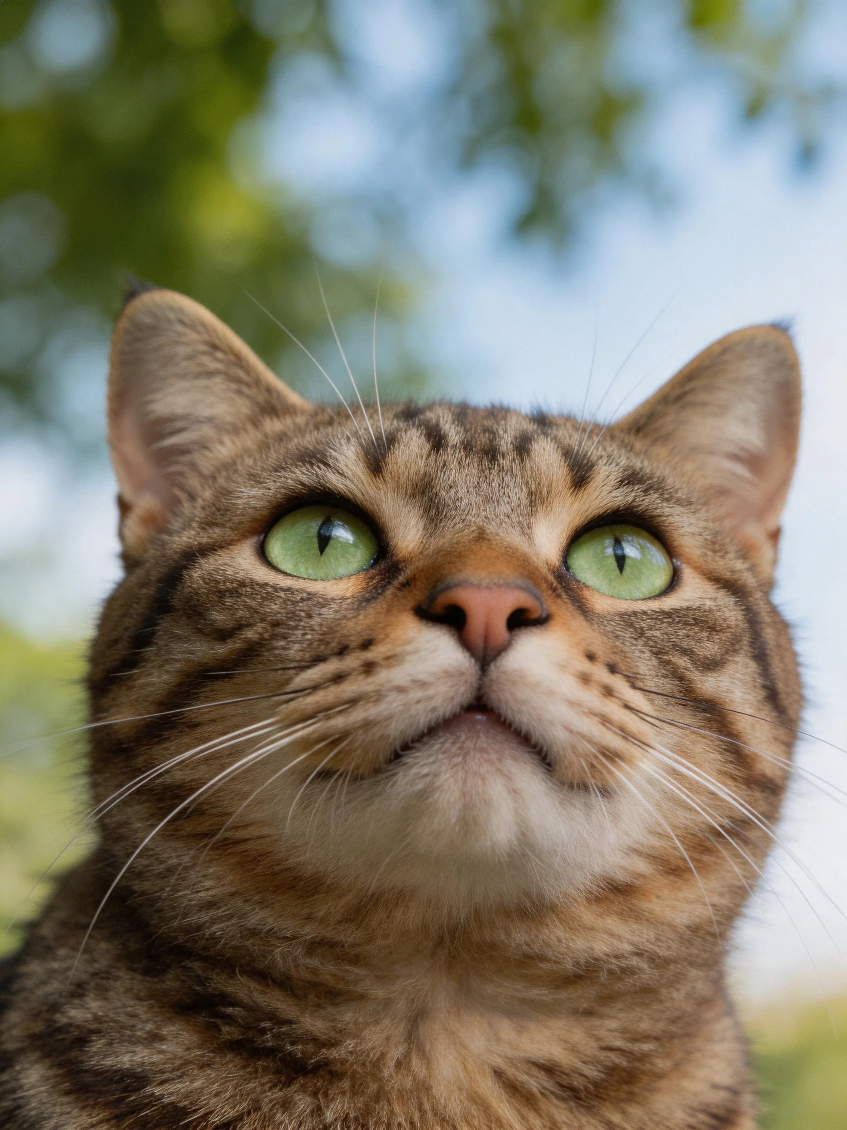 A tabby cat with bright green eyes looks upward in an outdoor setting