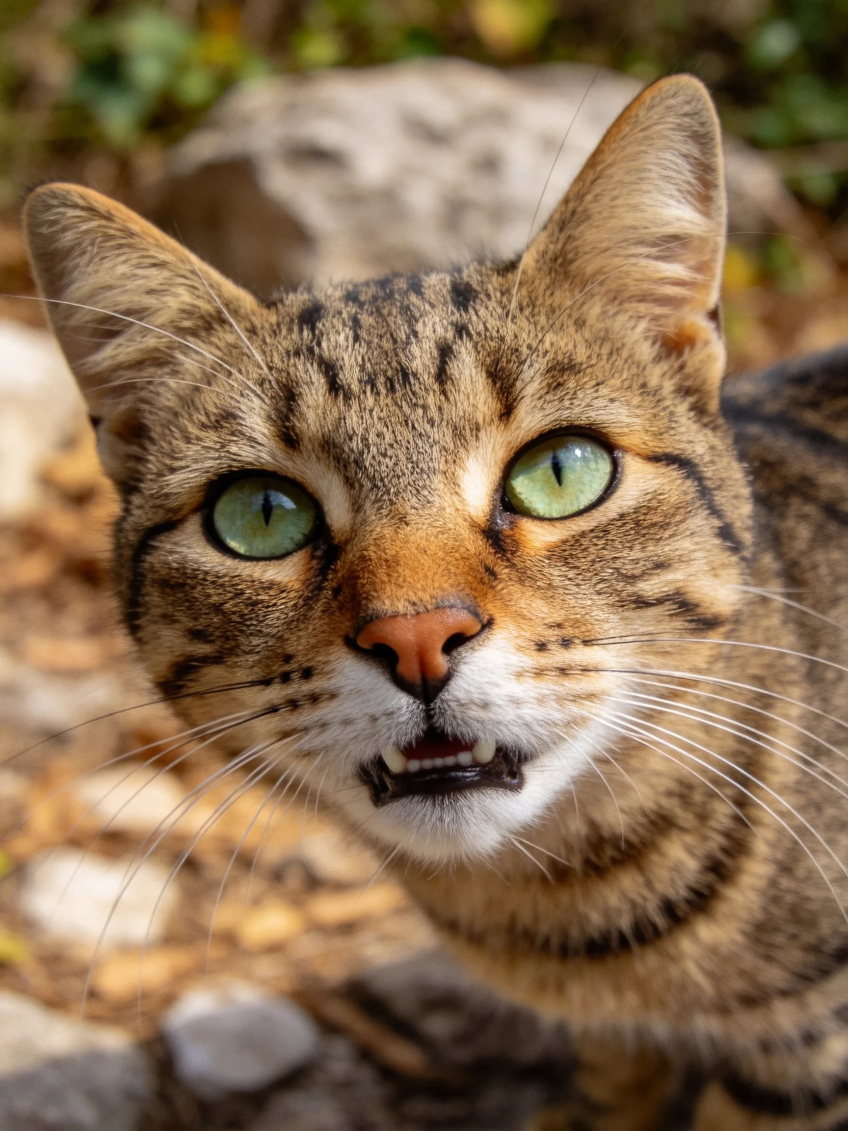 A tabby cat with bright green eyes is photographed closely outside.