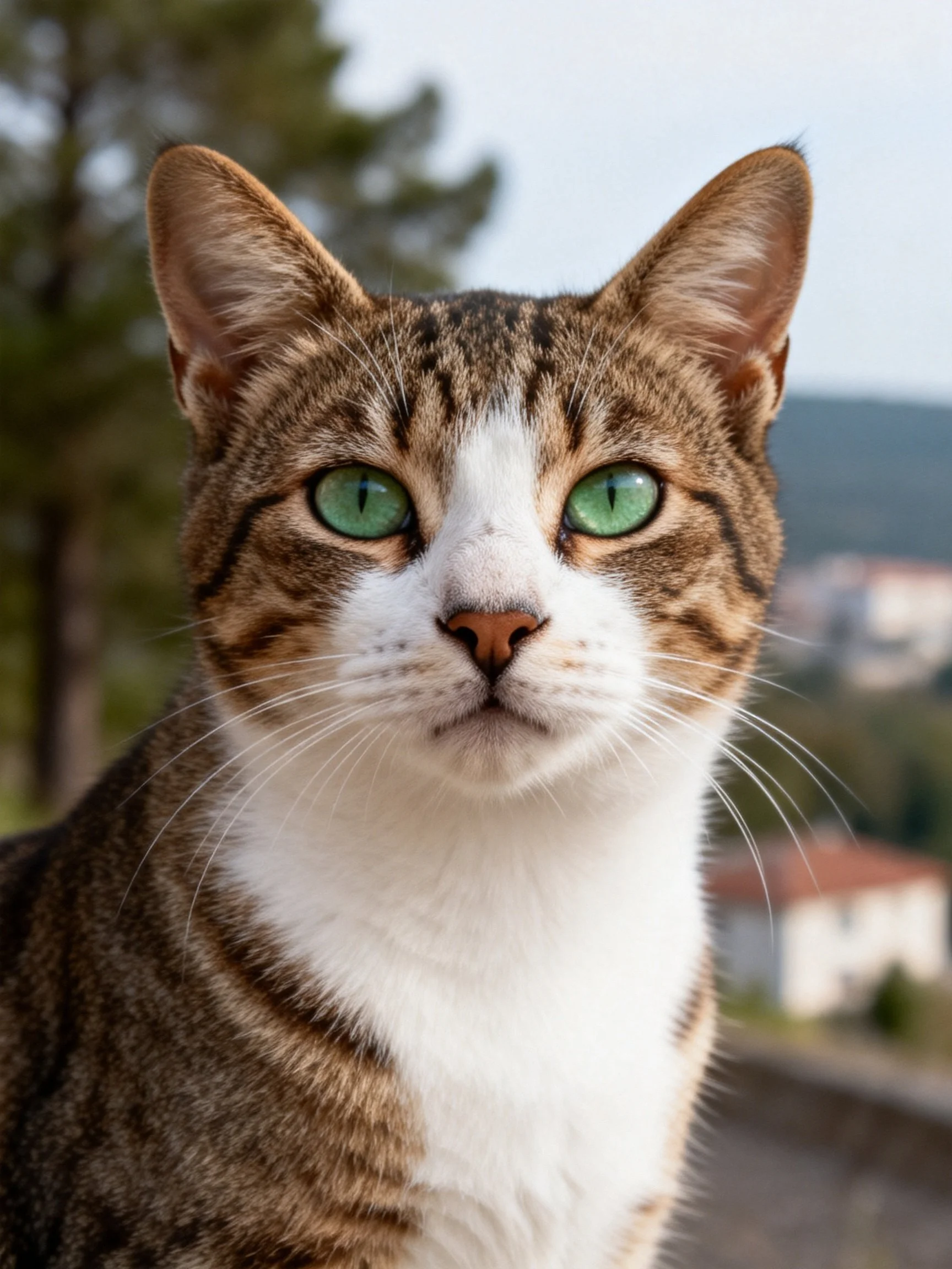A close - up of a tabby cat with bright green eyes outdoors