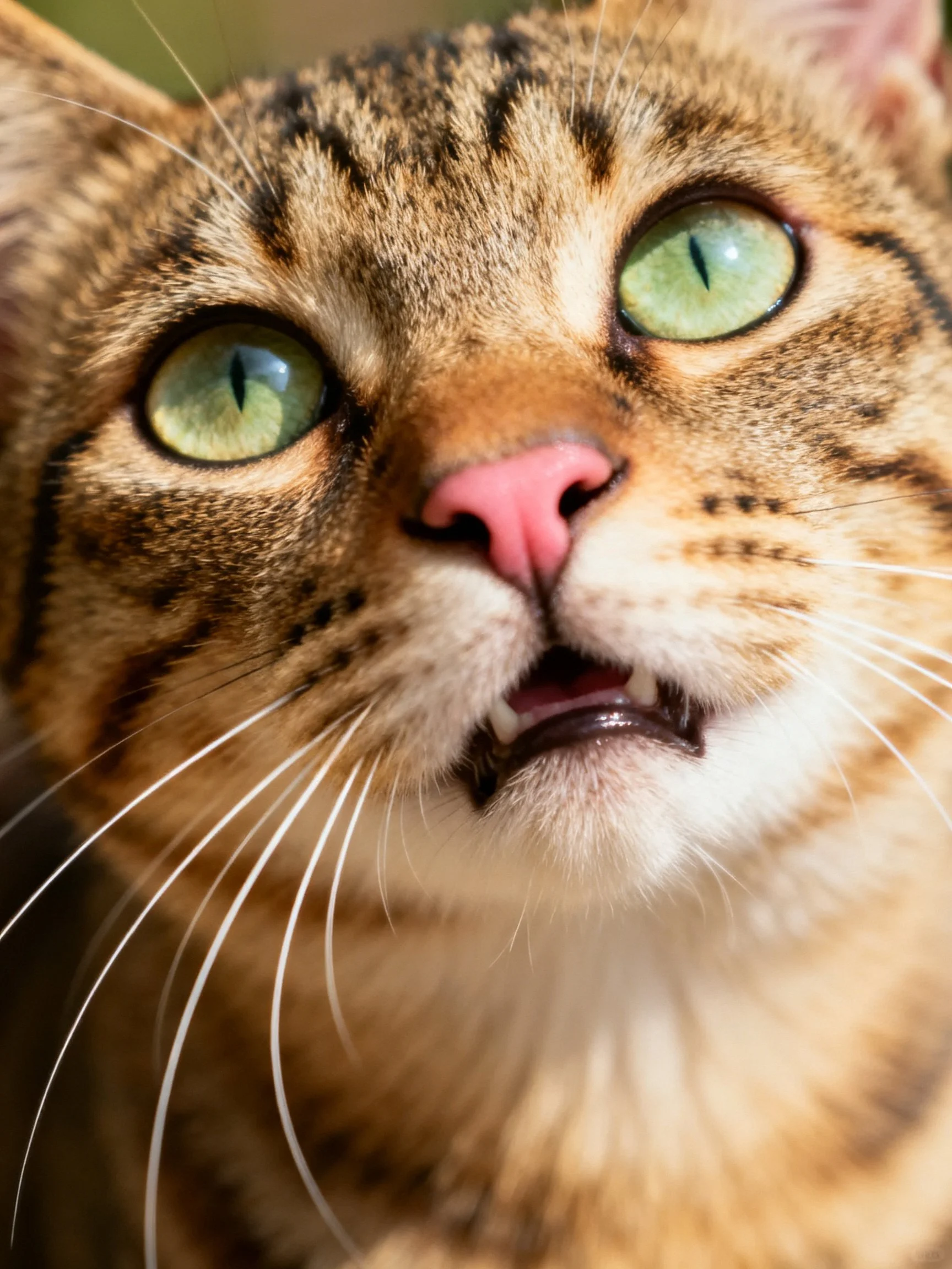 A tabby cat with bright green eyes is shown in close - up.
