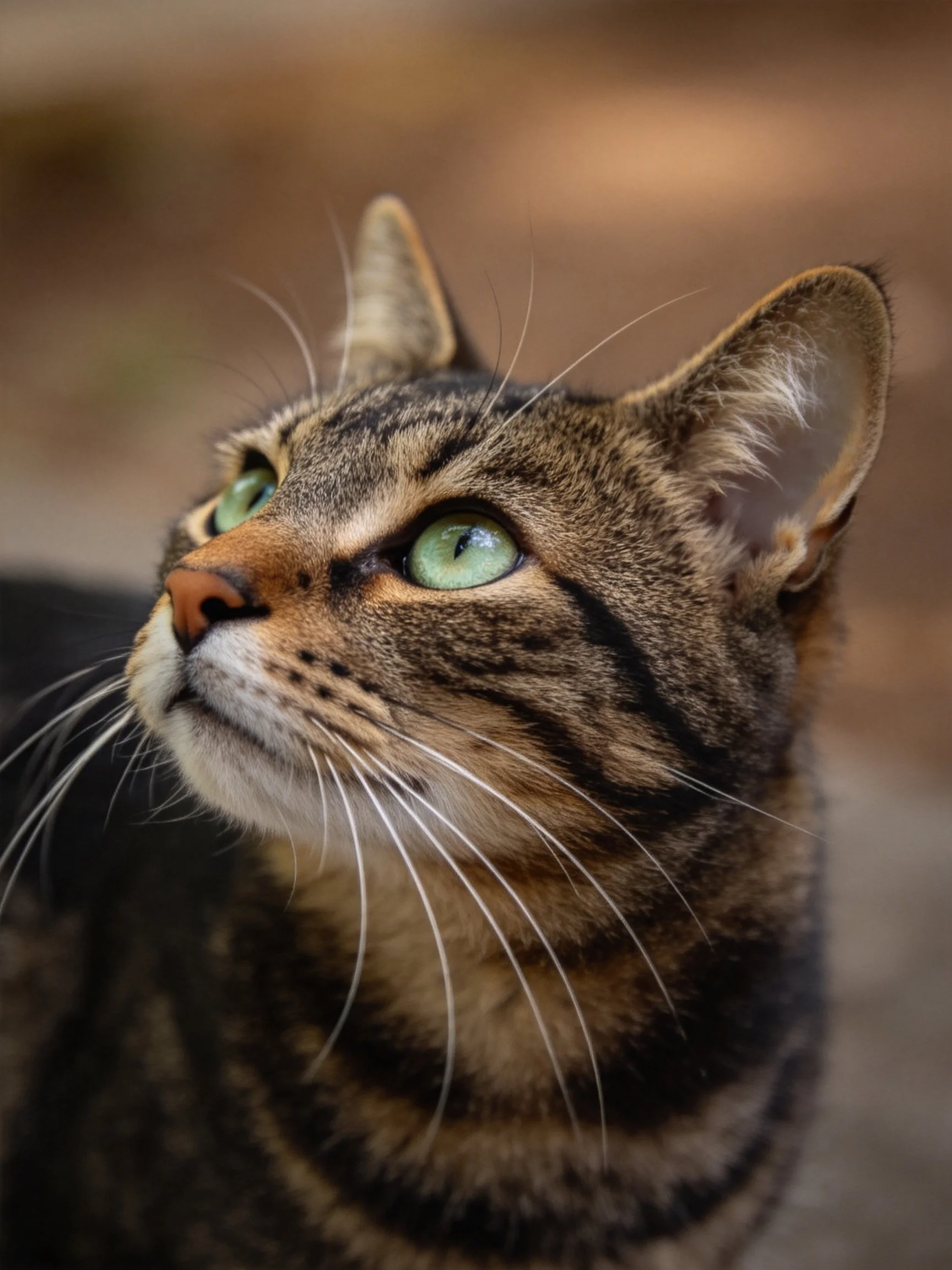 A tabby cat gazes upward, showcasing its bright green eyes.