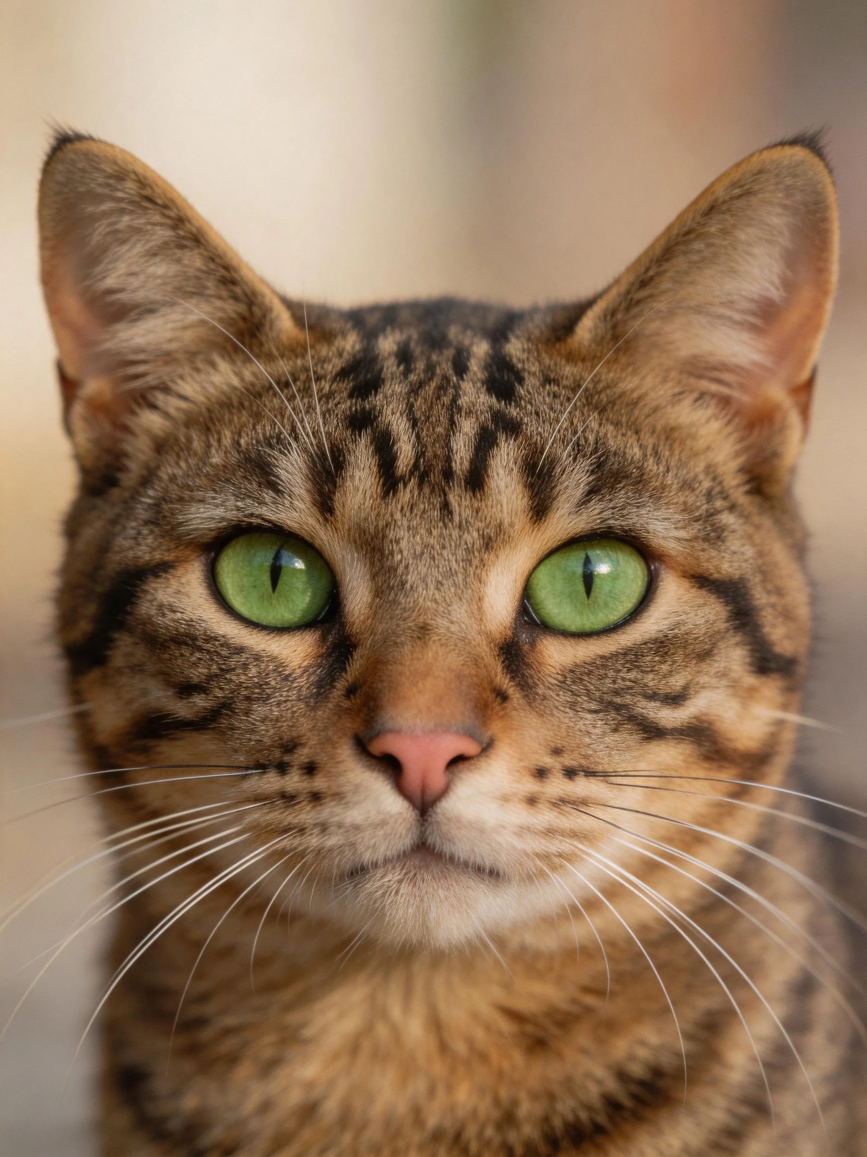A tabby cat with bright green eyes is captured in a detailed close - up.