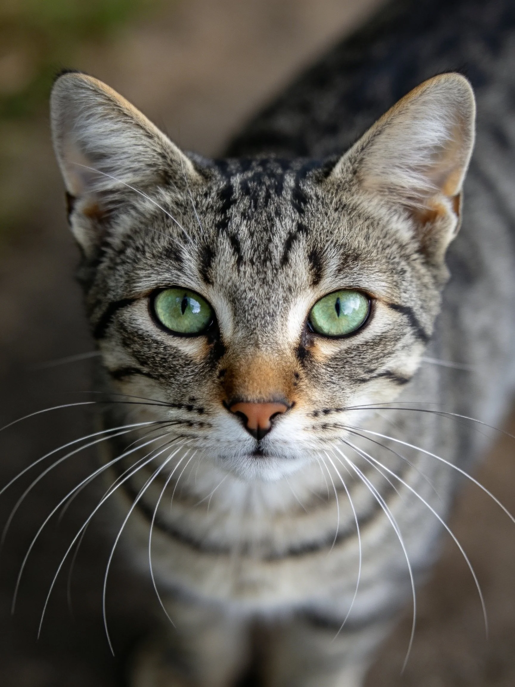 A close - up shows a tabby cat with striking green eyes.
