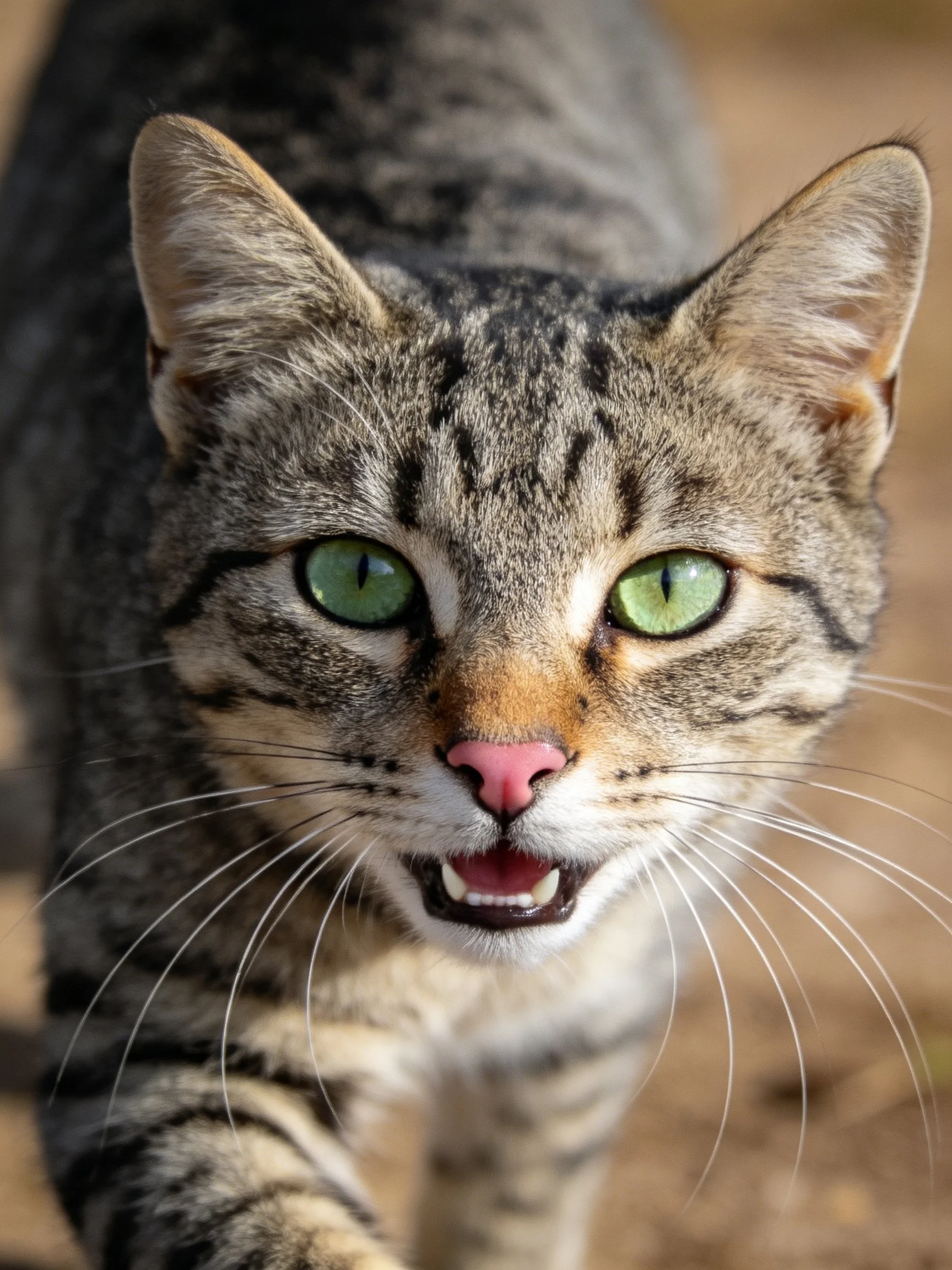 A tabby cat with bright green eyes is shown in a close - up photograph.