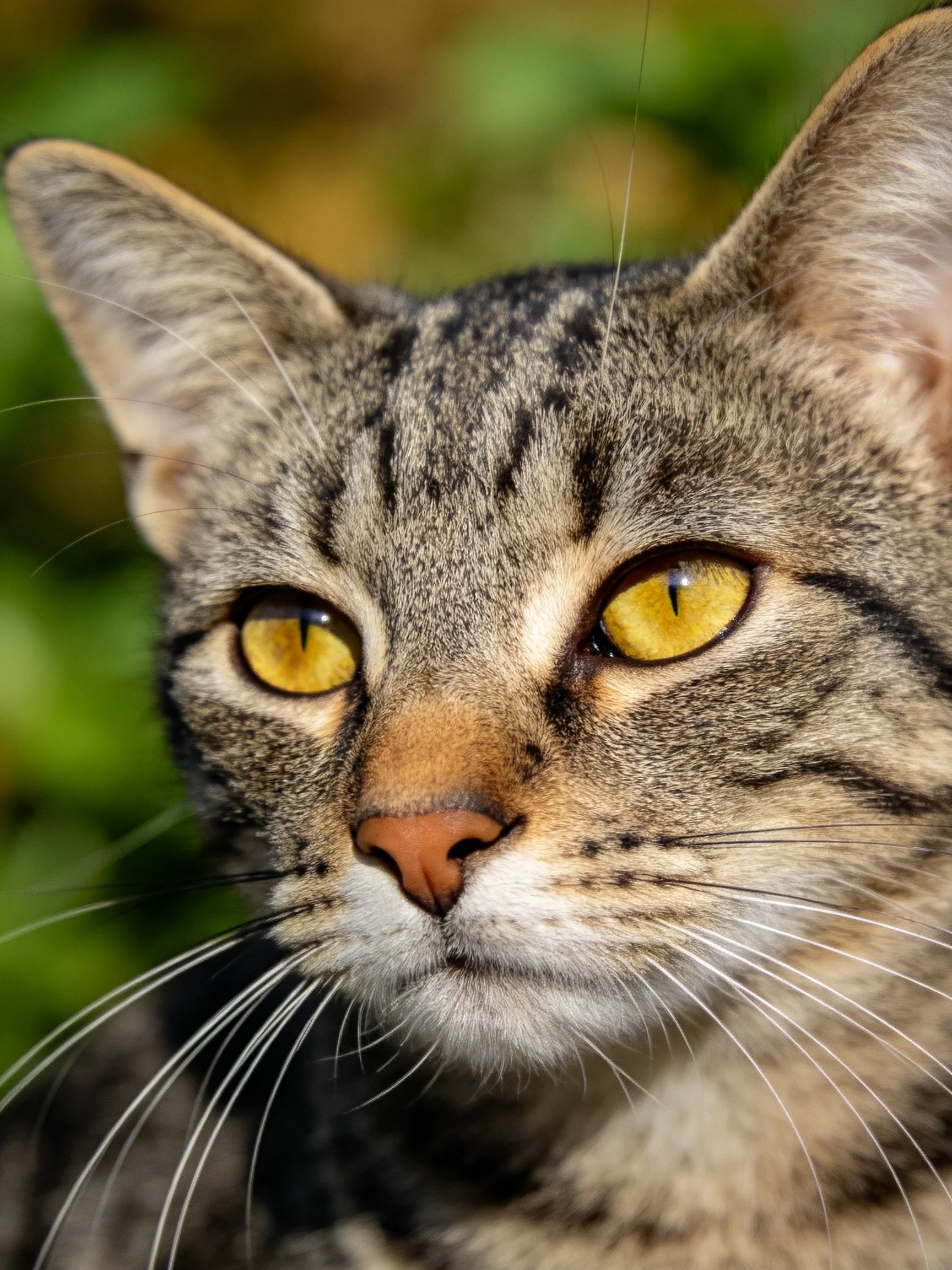 A tabby cat with bright yellow eyes is photographed up close.