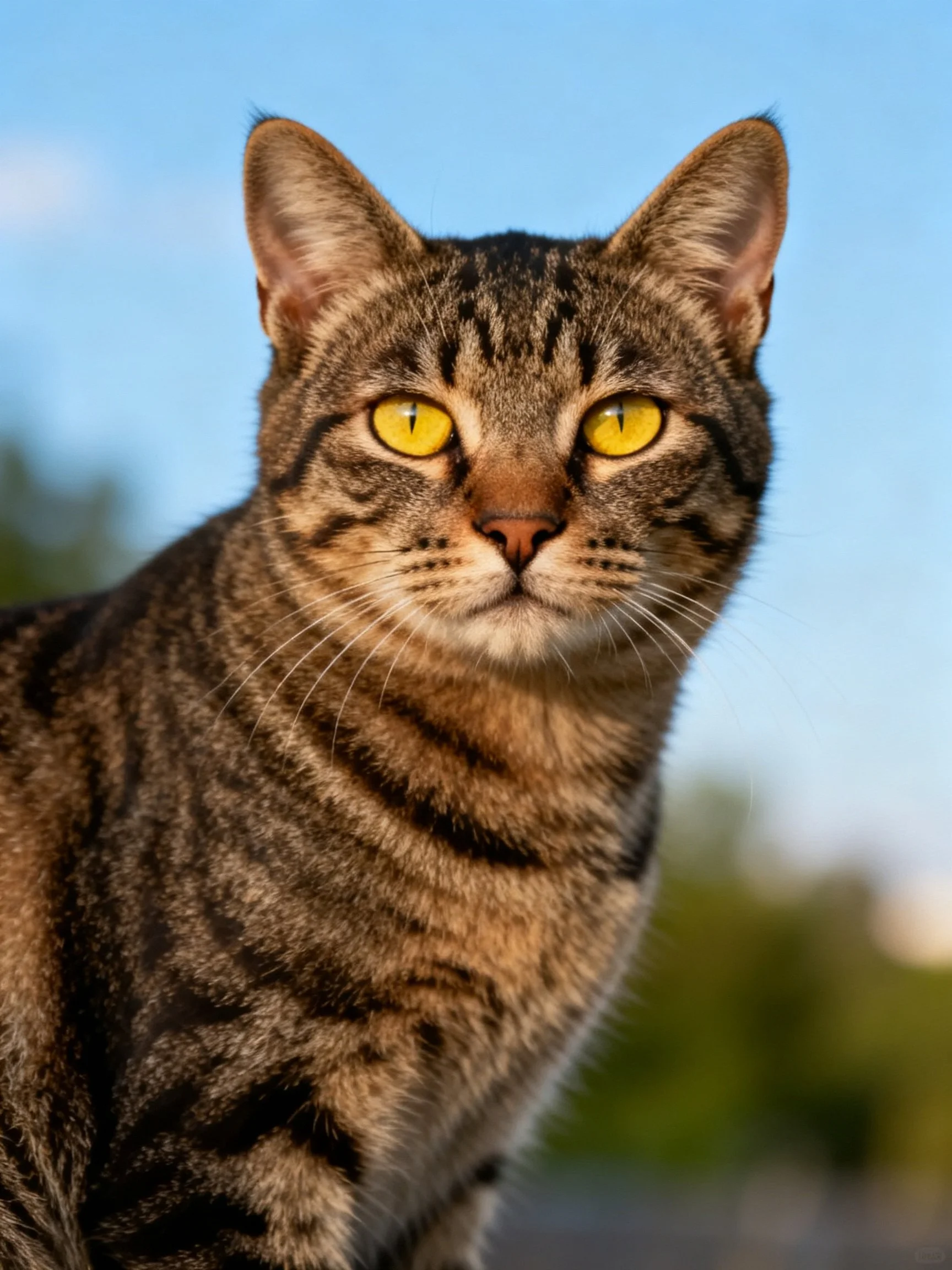 A tabby cat with striking yellow eyes is photographed up close.