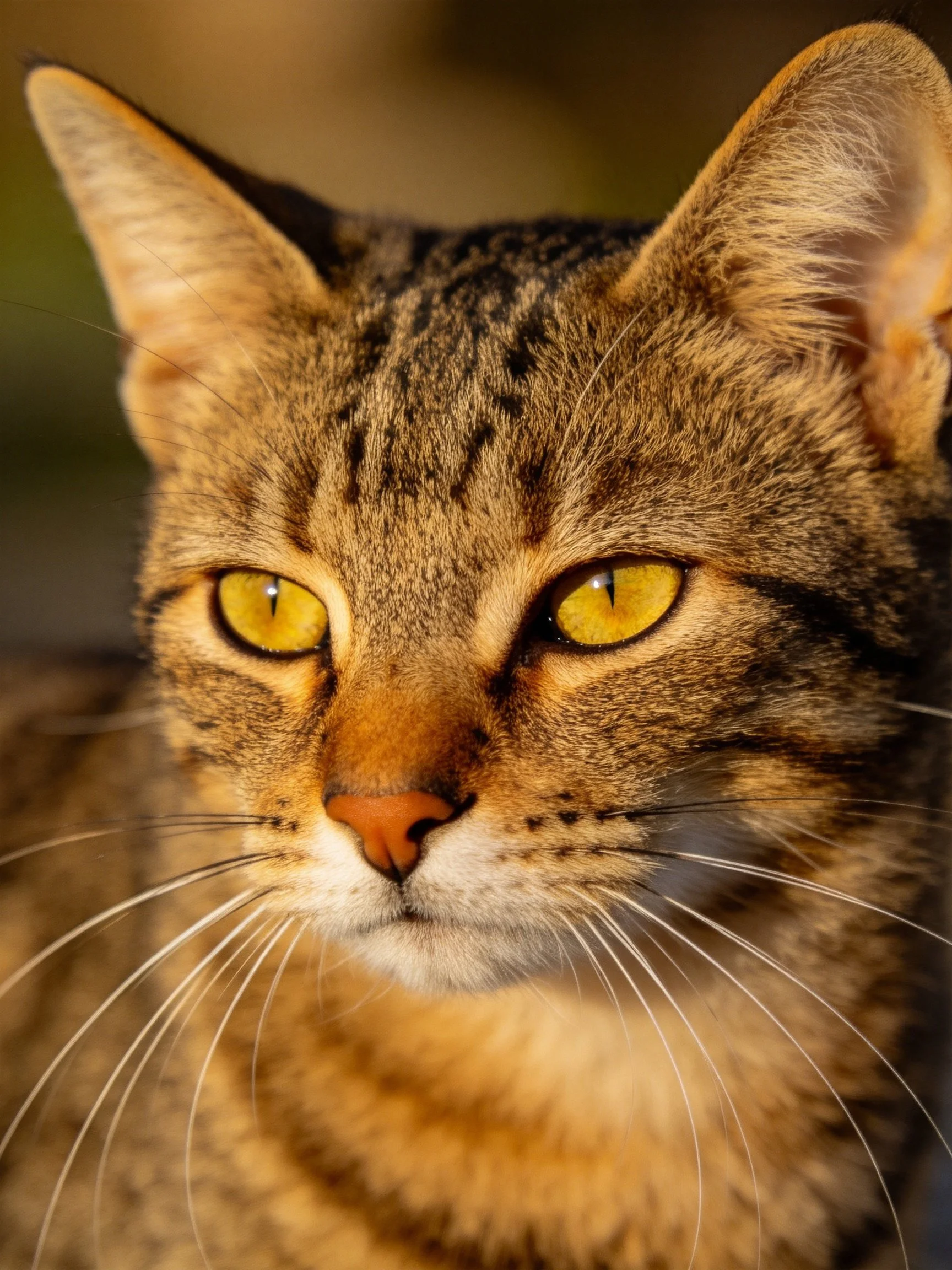 A tabby cat with bright yellow eyes is shown in close - up.