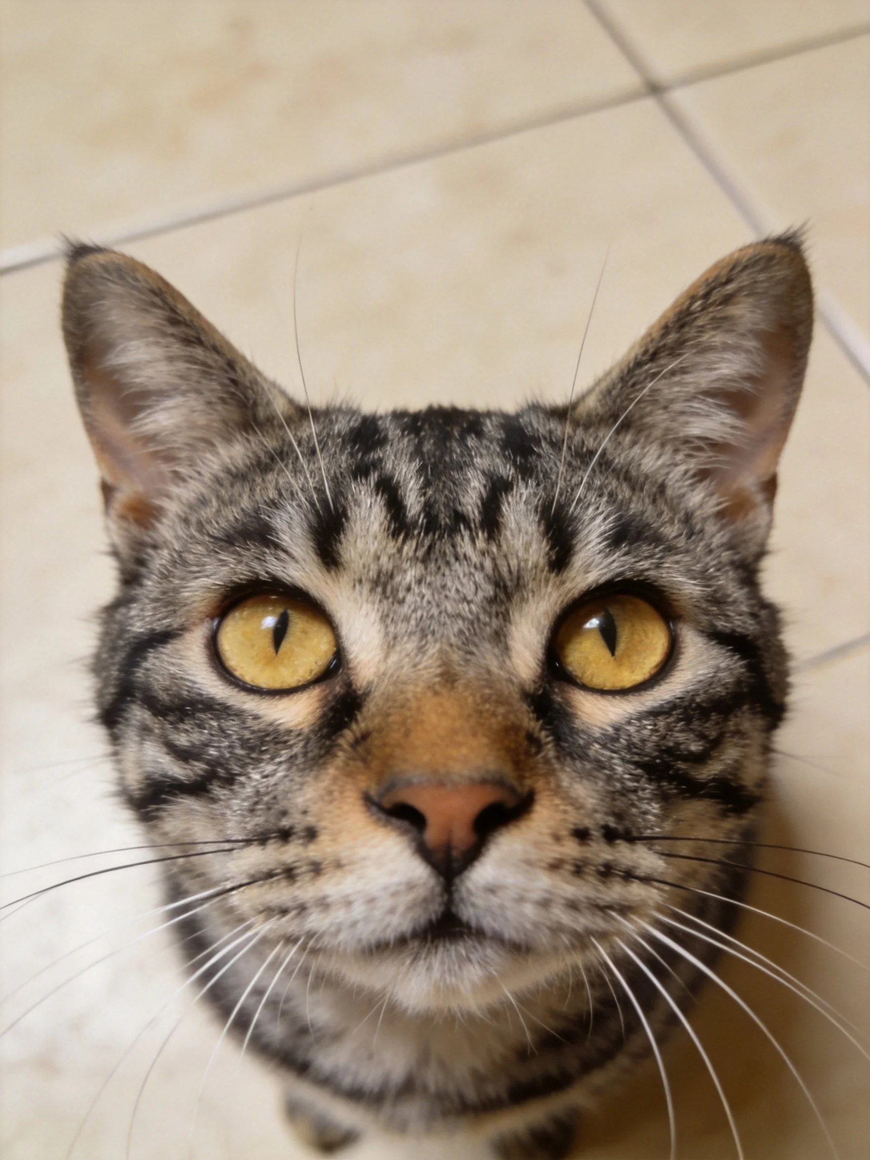 A tabby cat gazes upward with vivid yellow eyes.