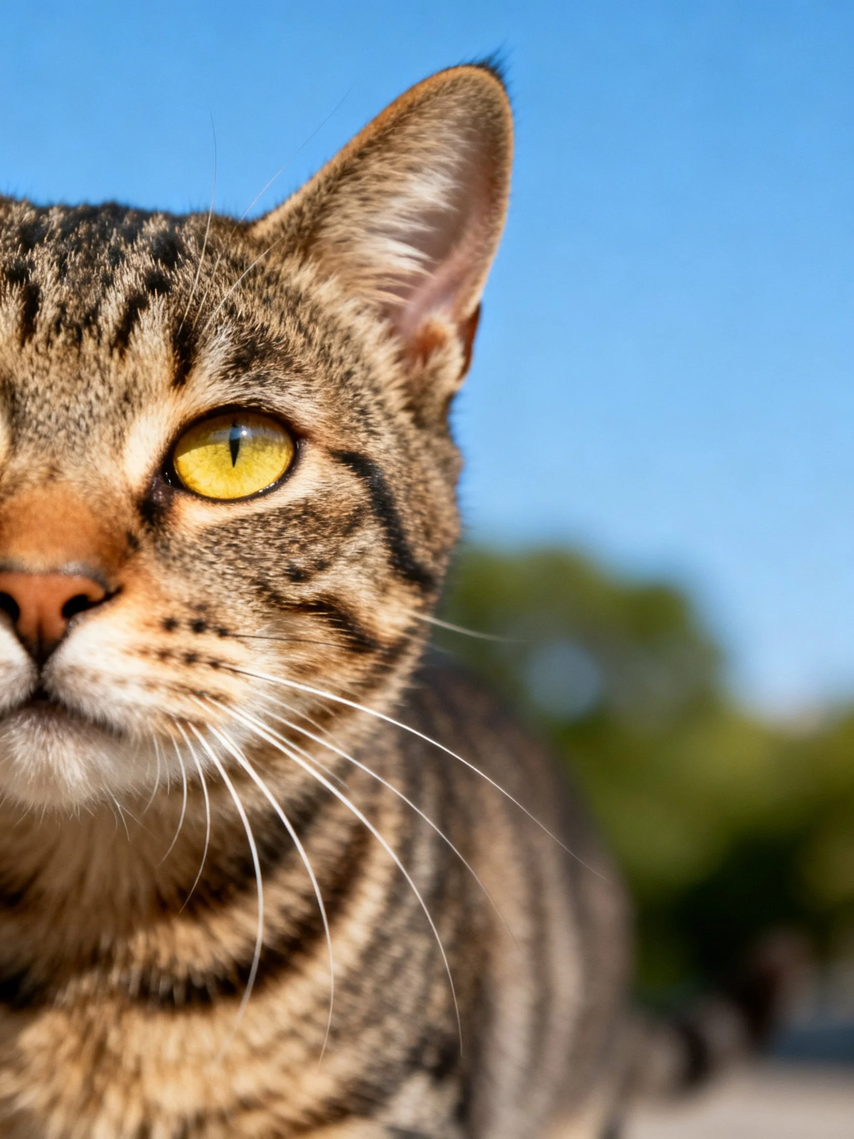 A tabby cat with bright yellow eyes is photographed up close outdoors.