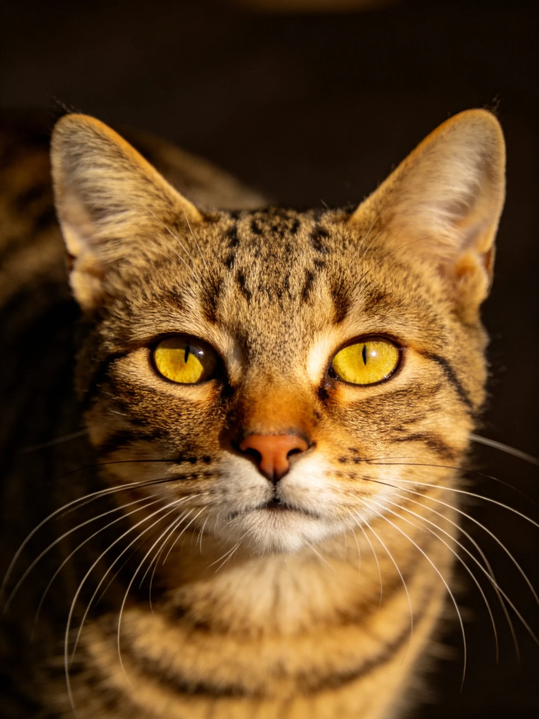 A tabby cat with bright yellow eyes is photographed closely against a dark backdrop.