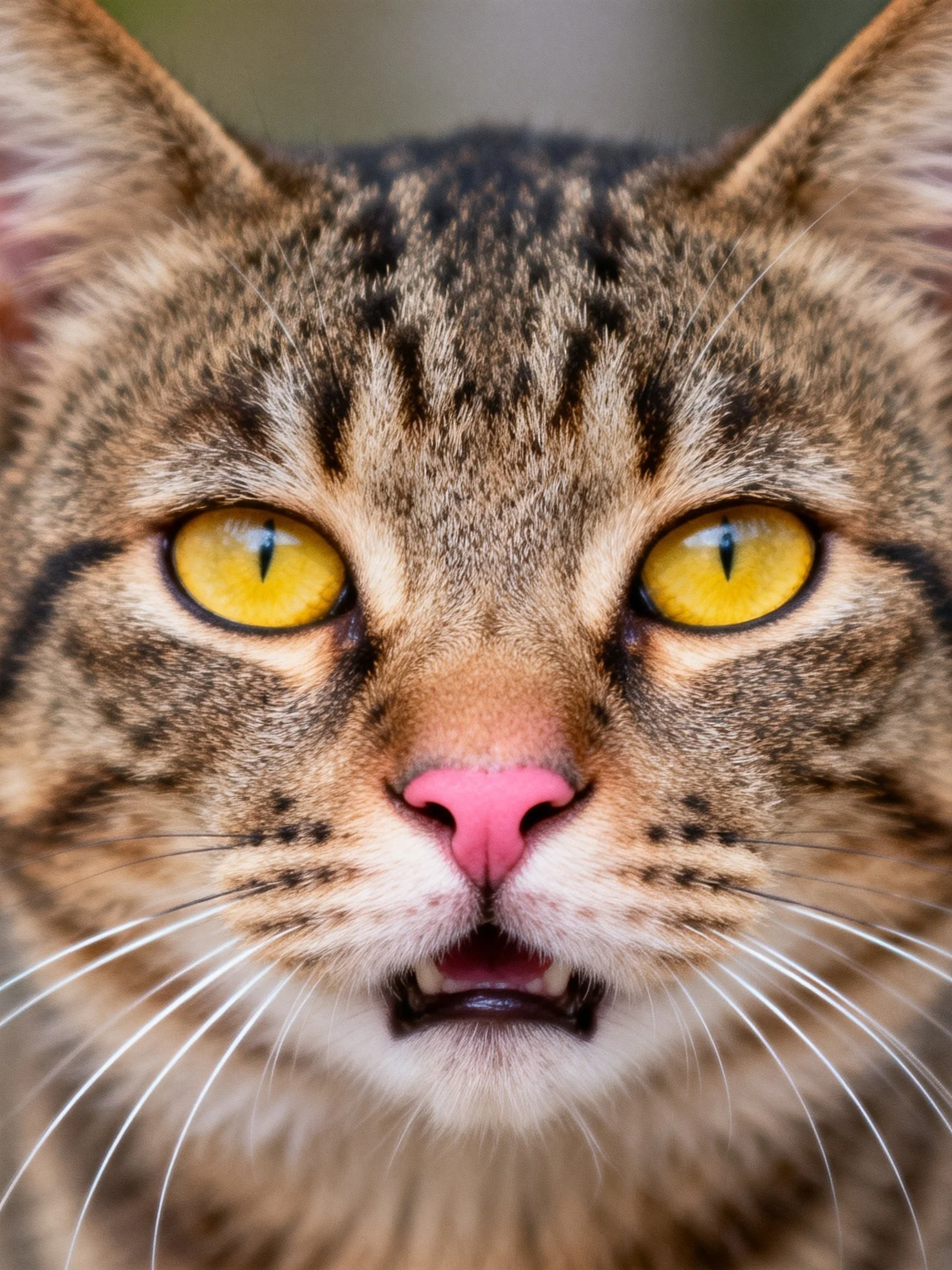 A close-up of a tabby cat with bright yellow eyes and pink nose, highlighting its expressive face.