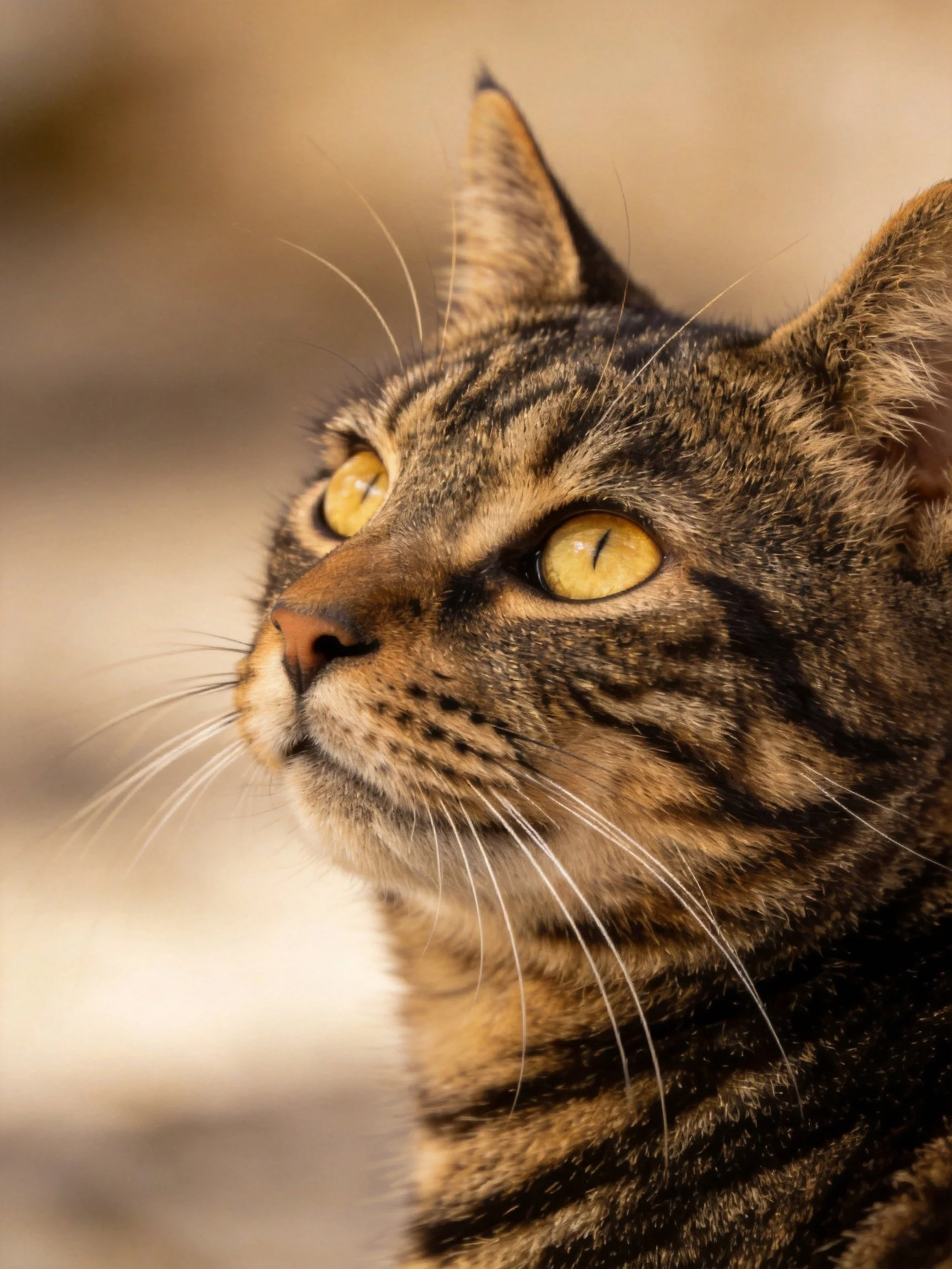 A tabby cat with yellow eyes gazes upward in a close - up
