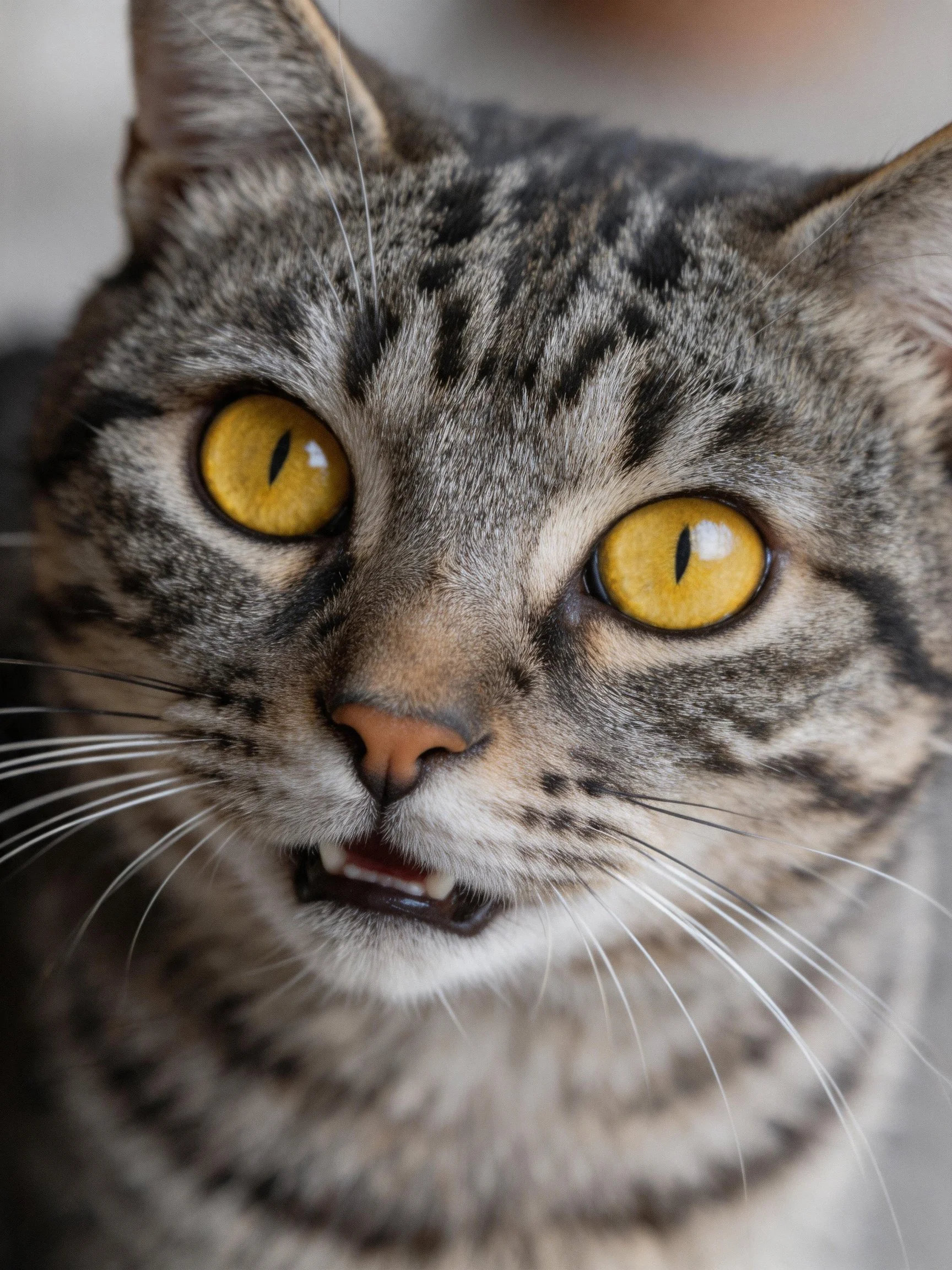 A tabby cat with bright yellow eyes is photographed closely.
