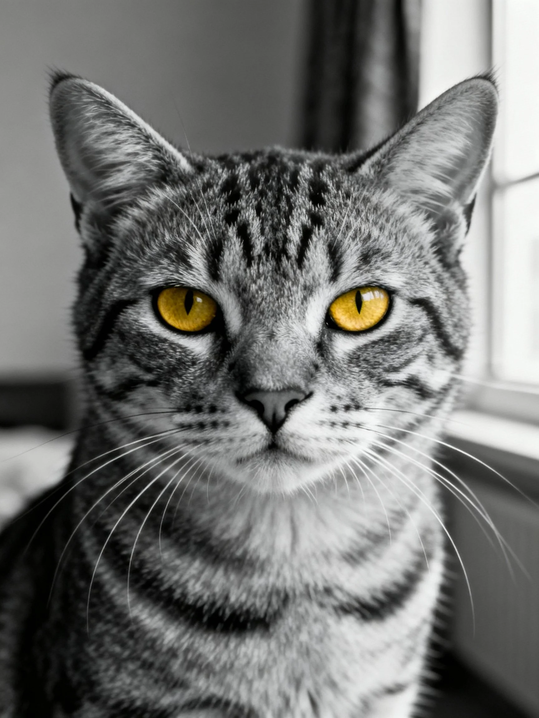 A close-up of a tabby cat with bright yellow eyes near a window.