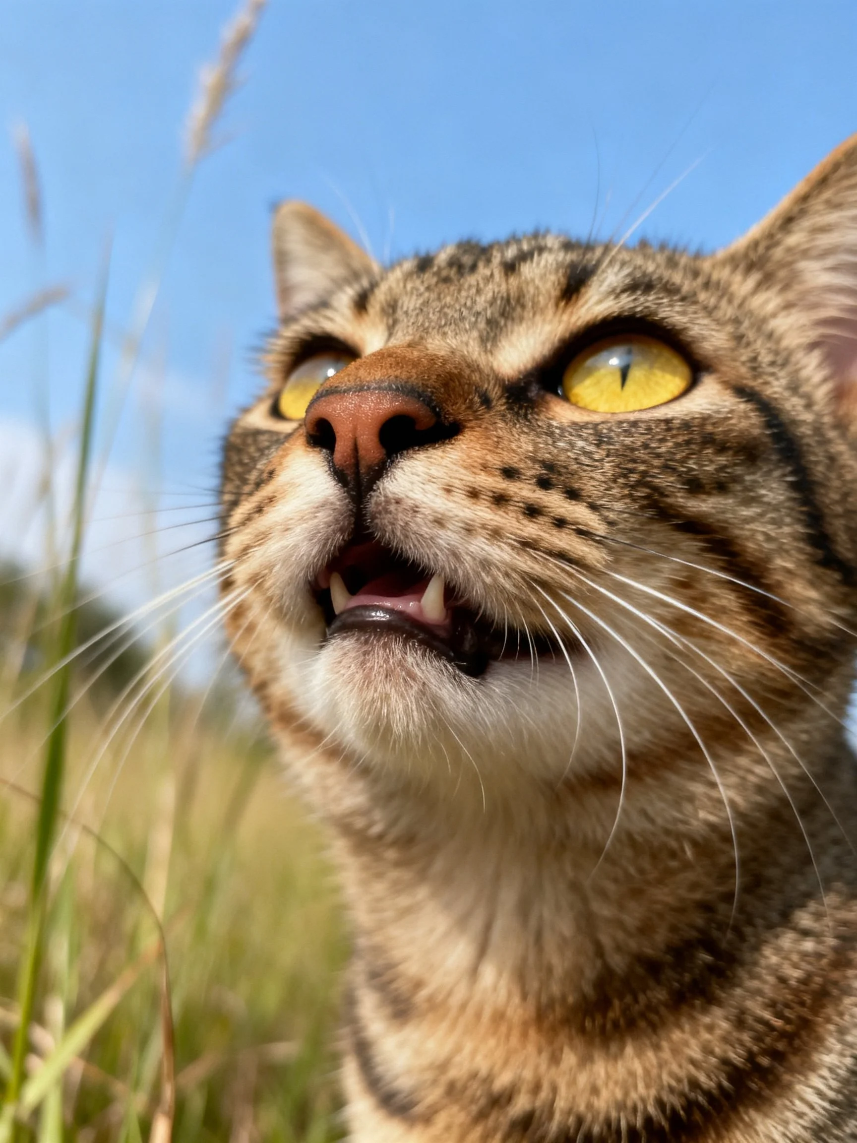 A tabby cat with yellow eyes looks upward in a grassy outdoor space.