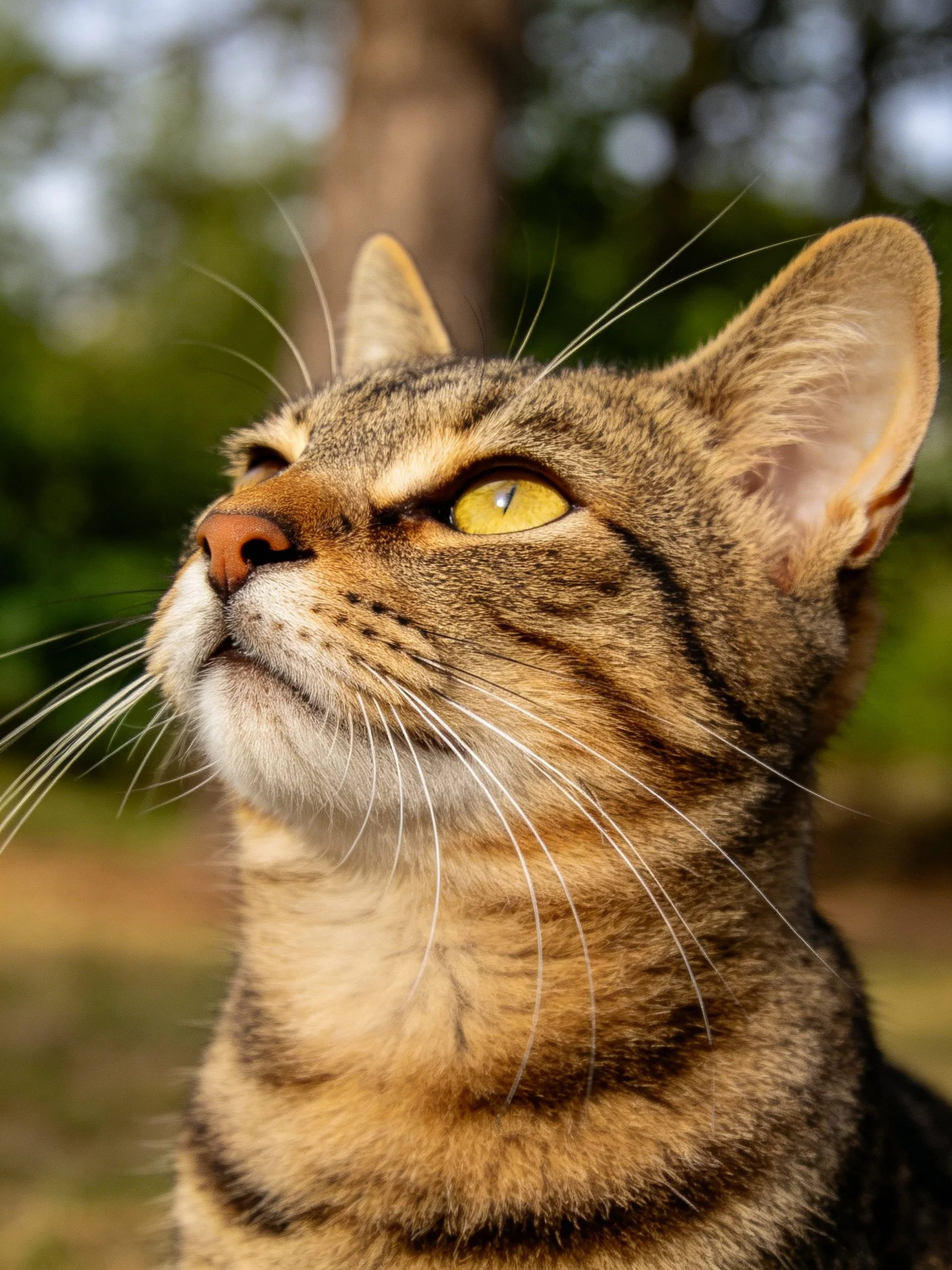 Tabby cat with yellow eyes looks upward in an outdoor area.
