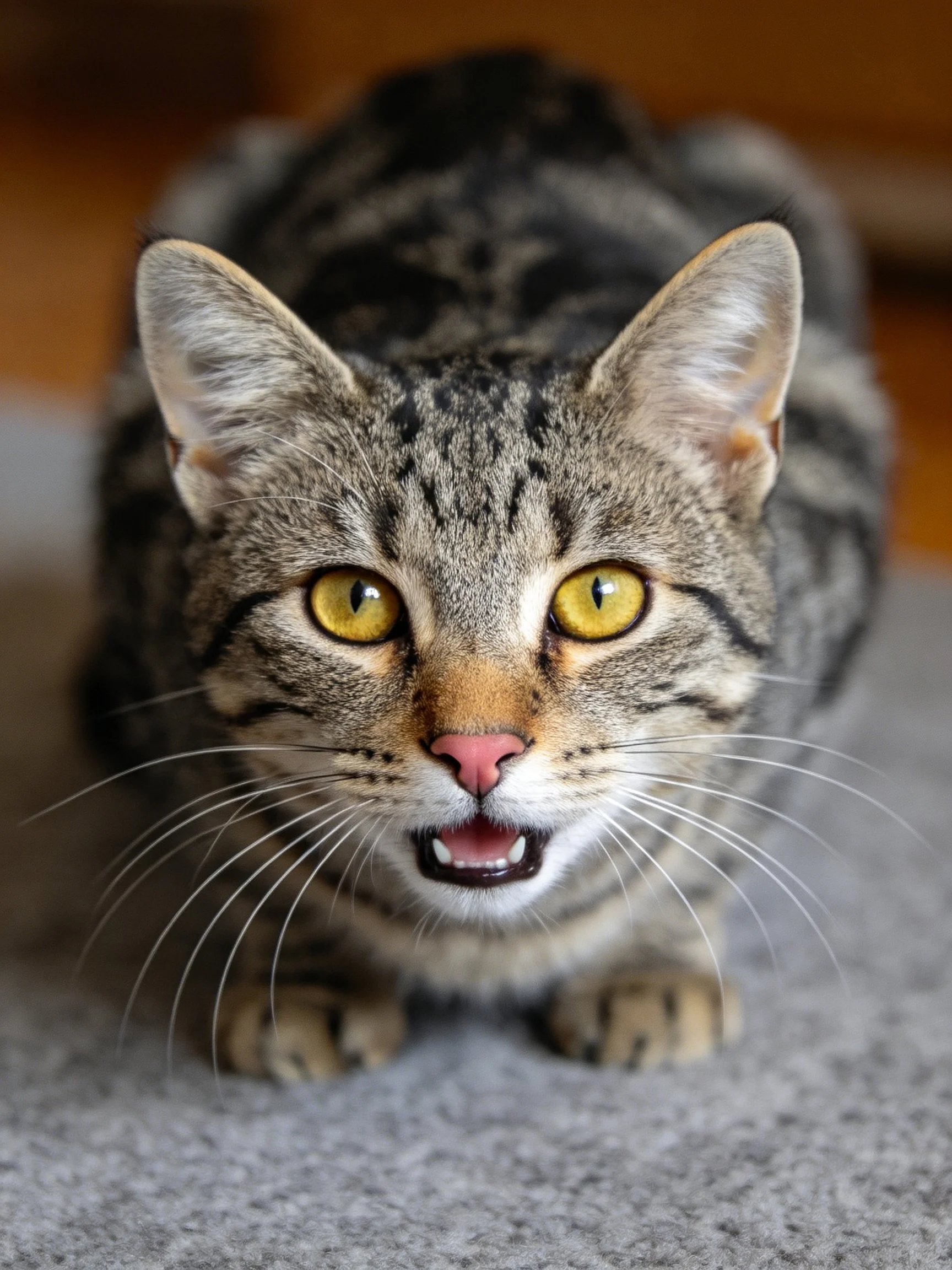 Crouching tabby cat with yellow eyes on gray carpet, mouth open.