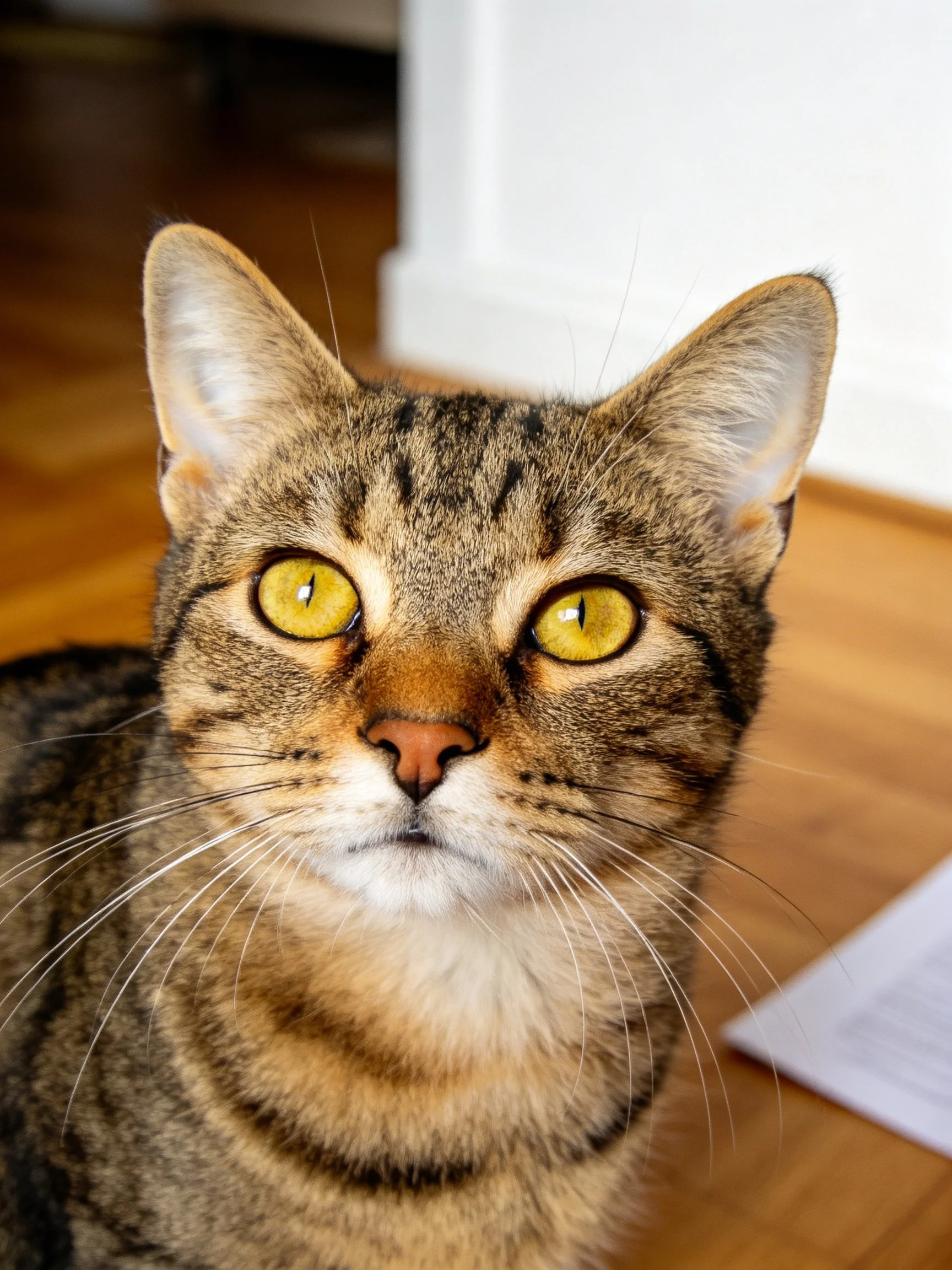 A tabby cat with striking yellow eyes sits on a wooden floor indoors.