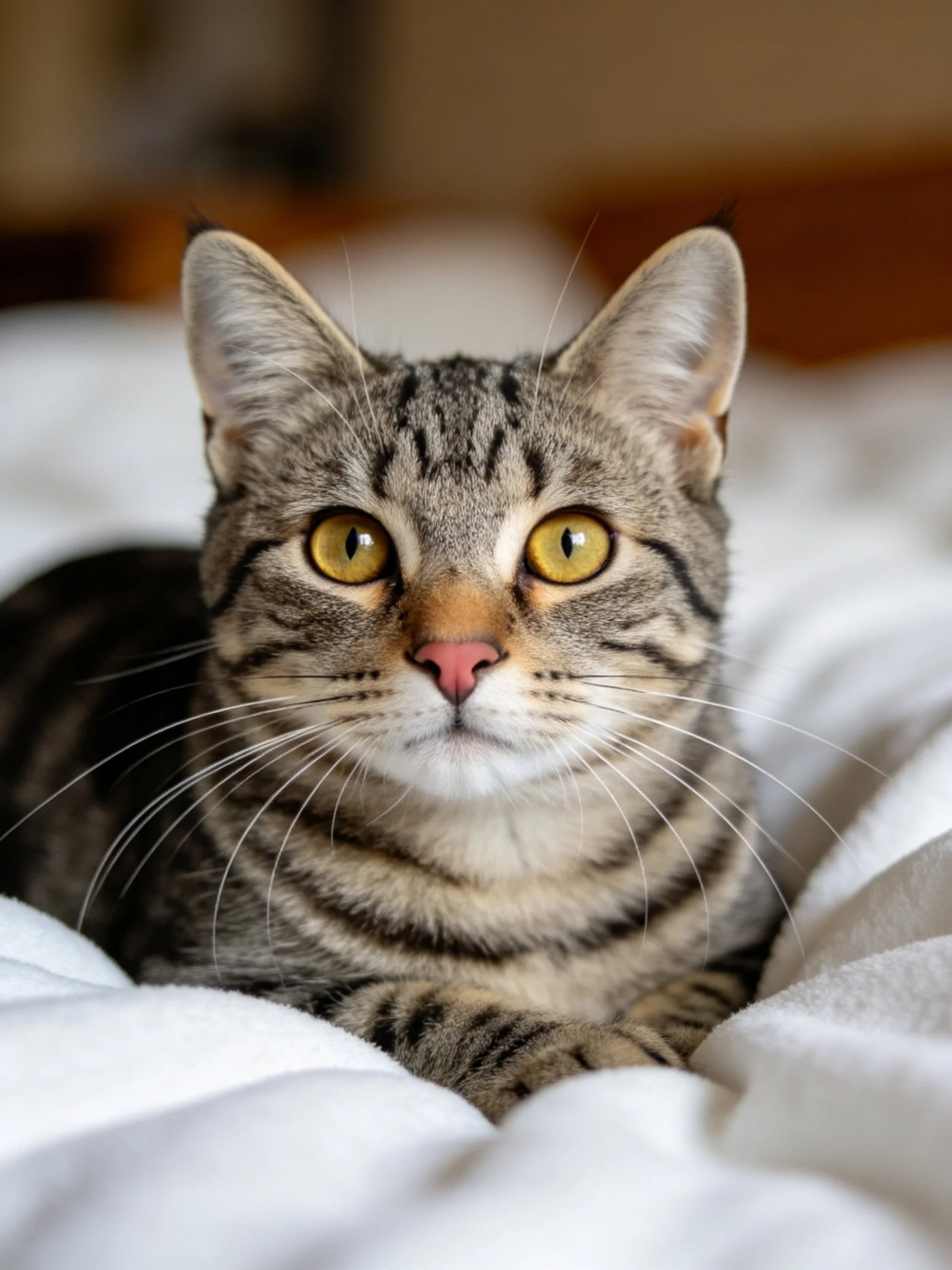 A tabby cat with striking yellow eyes rests comfortably on soft white bedding.