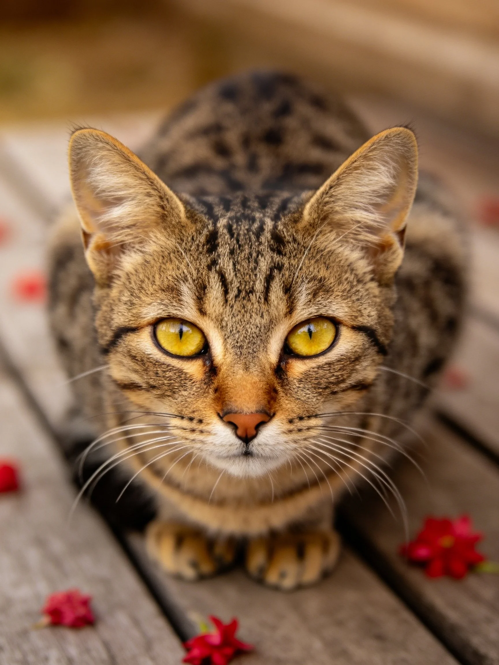 A tabby cat with bright yellow eyes sits on wooden planks near scattered red flowers.