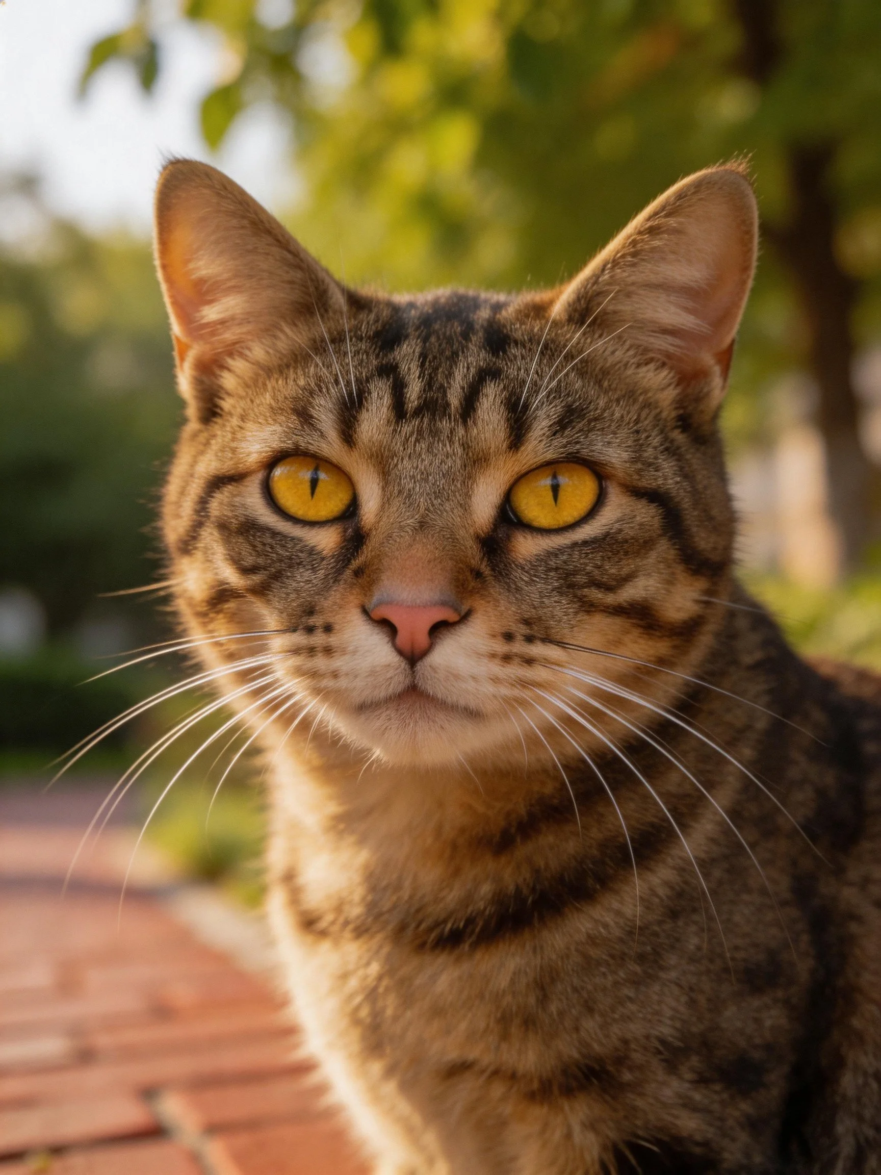 A tabby cat with bright yellow eyes is photographed in an outdoor environment.