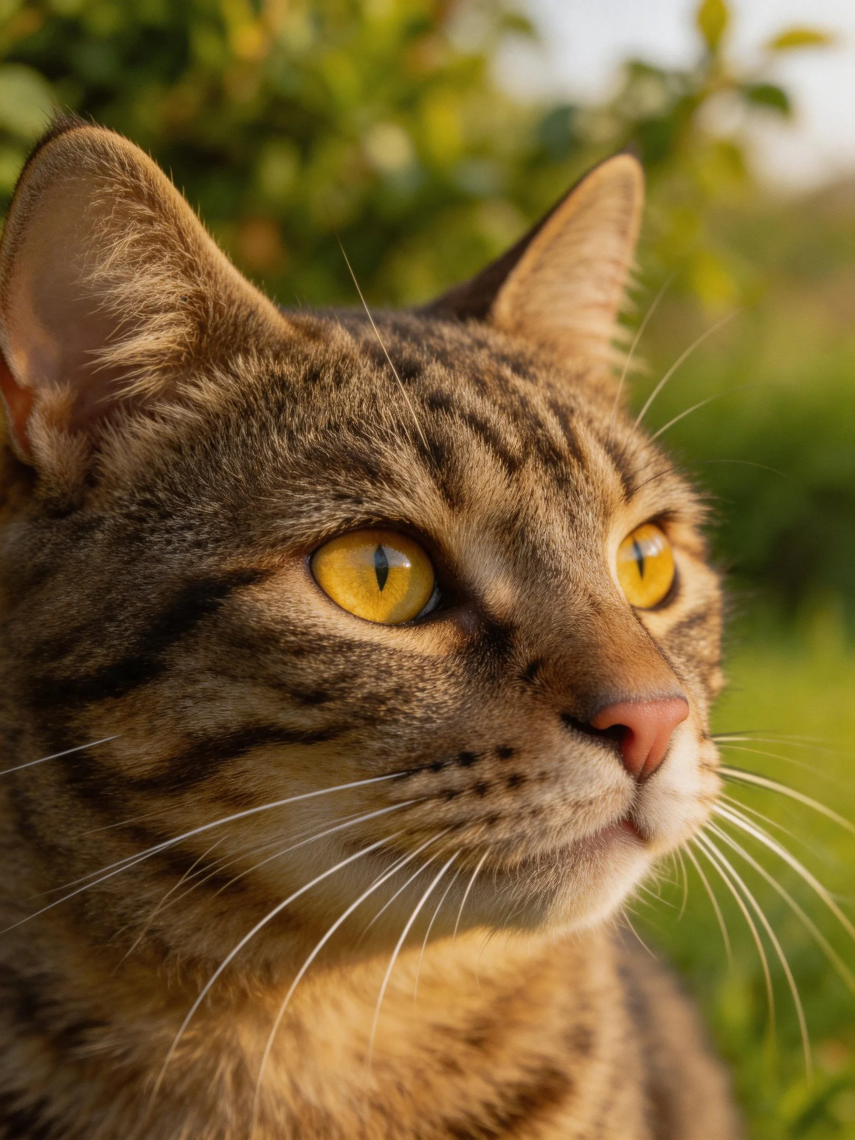 A tabby cat gazes attentively outdoors with striking yellow eyes.