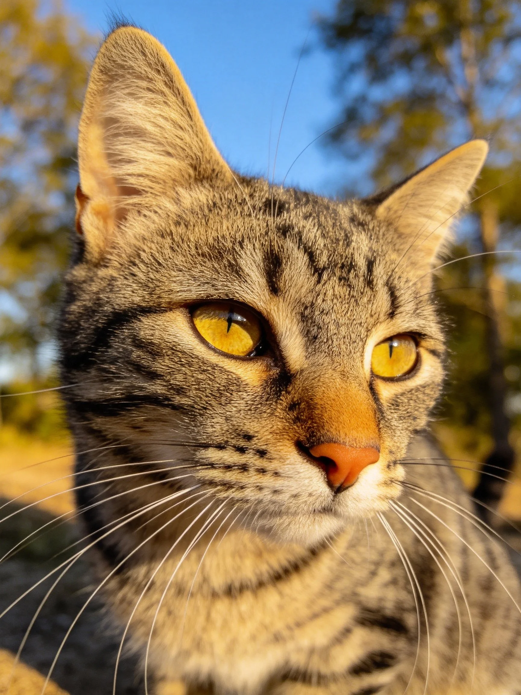 A tabby cat with bright yellow eyes is shown up close in an outdoor setting.