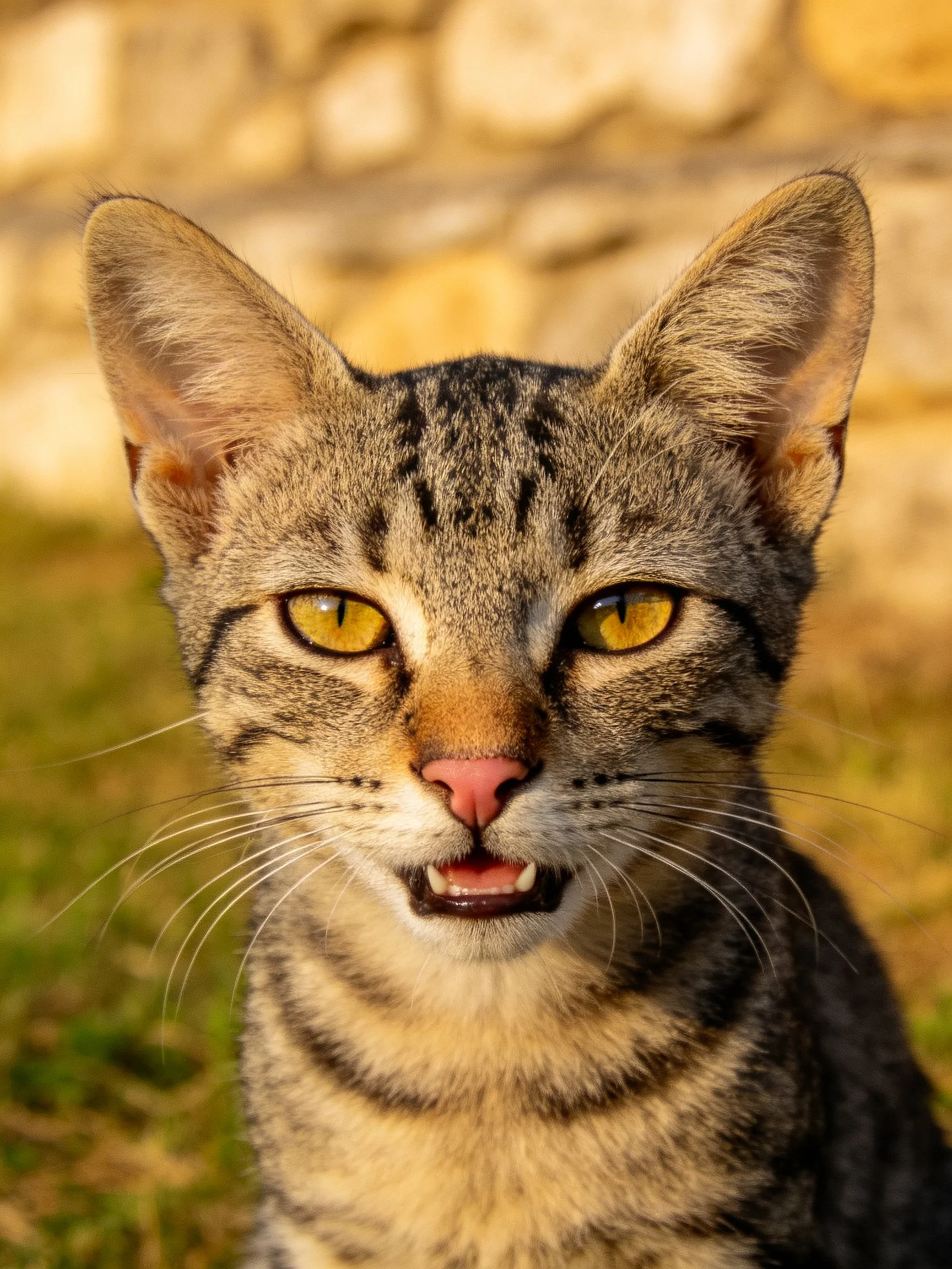 A tabby cat with bright yellow eyes is captured up close in an outdoor scene.