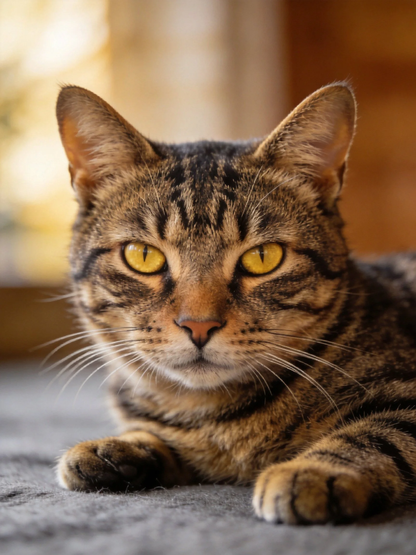 A tabby cat with bright yellow eyes rests indoors.