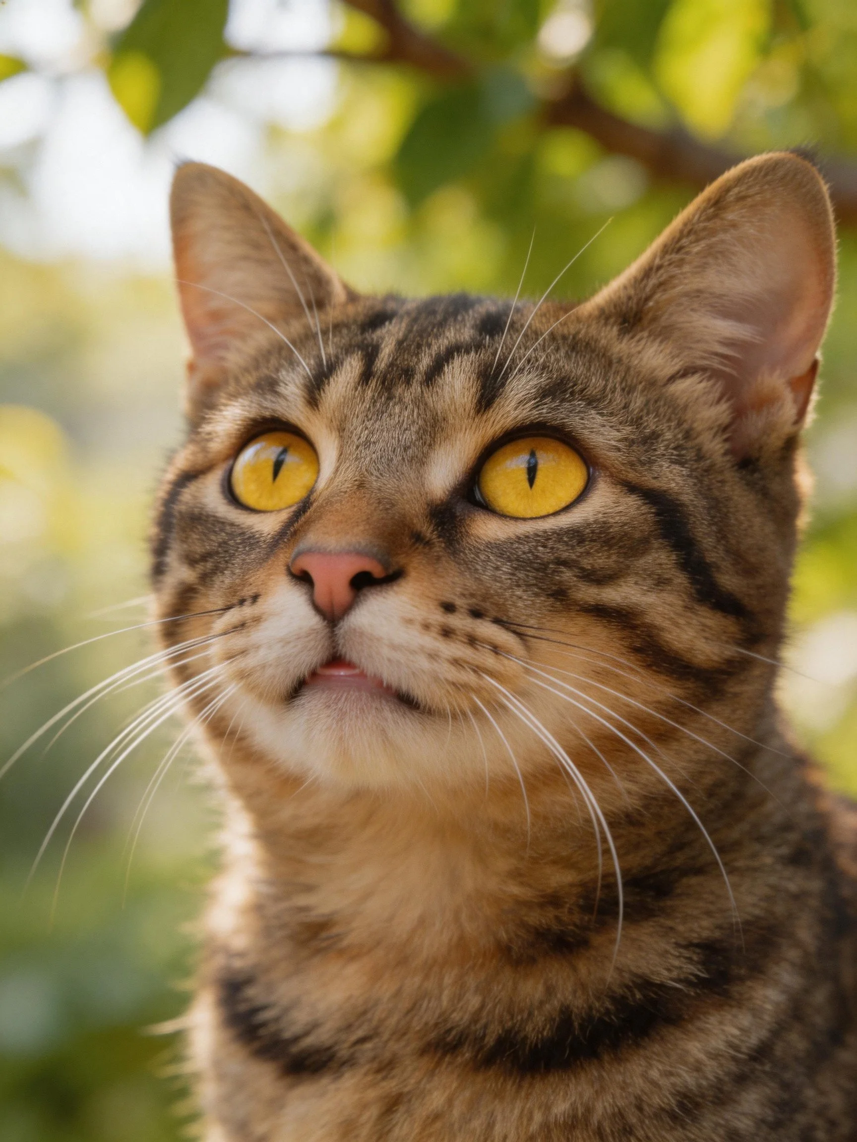 A tabby cat with bright yellow eyes gazes upward among greenery.