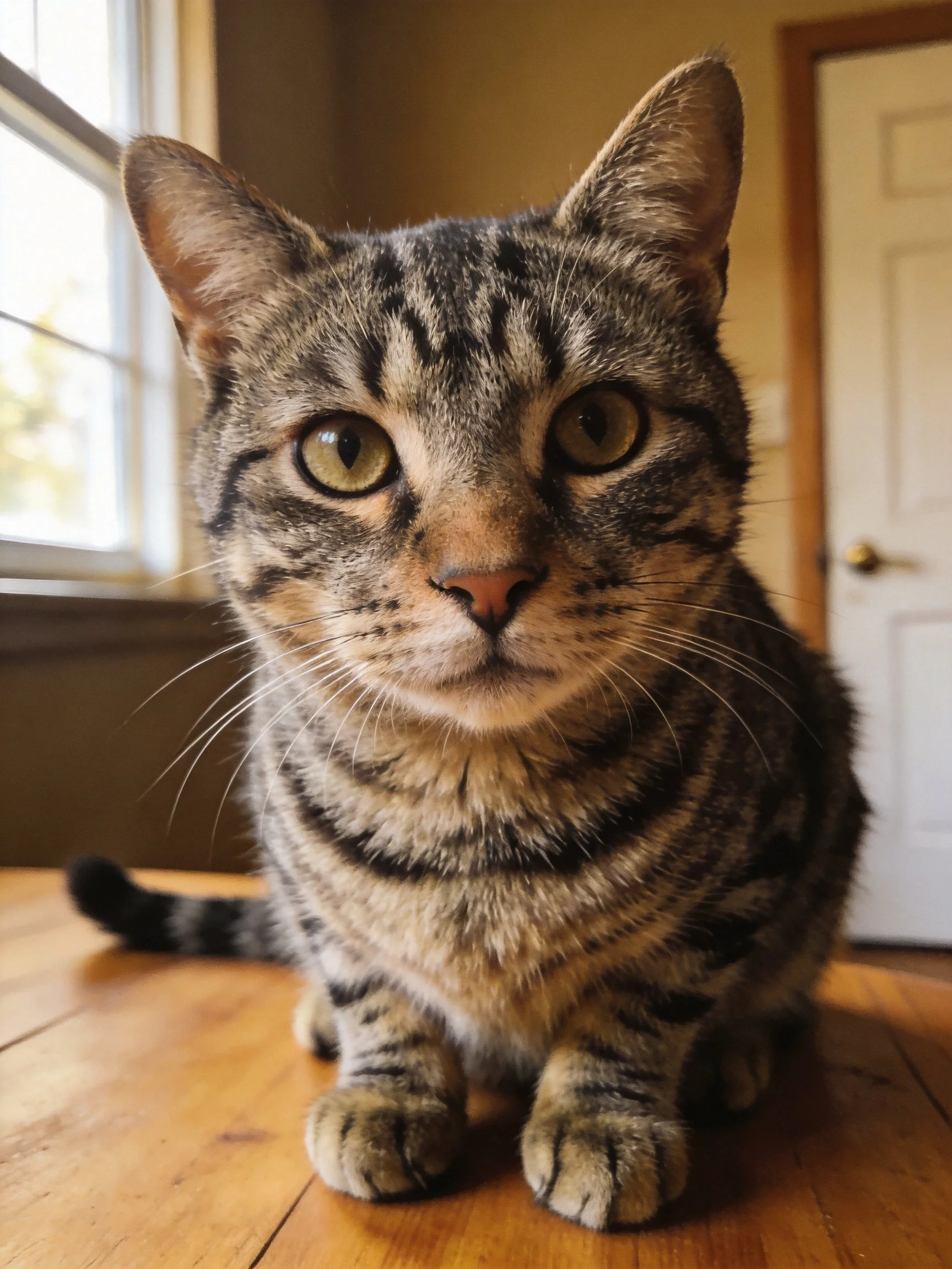 A tabby cat with brown and black stripes sits on a wooden table indoors.
