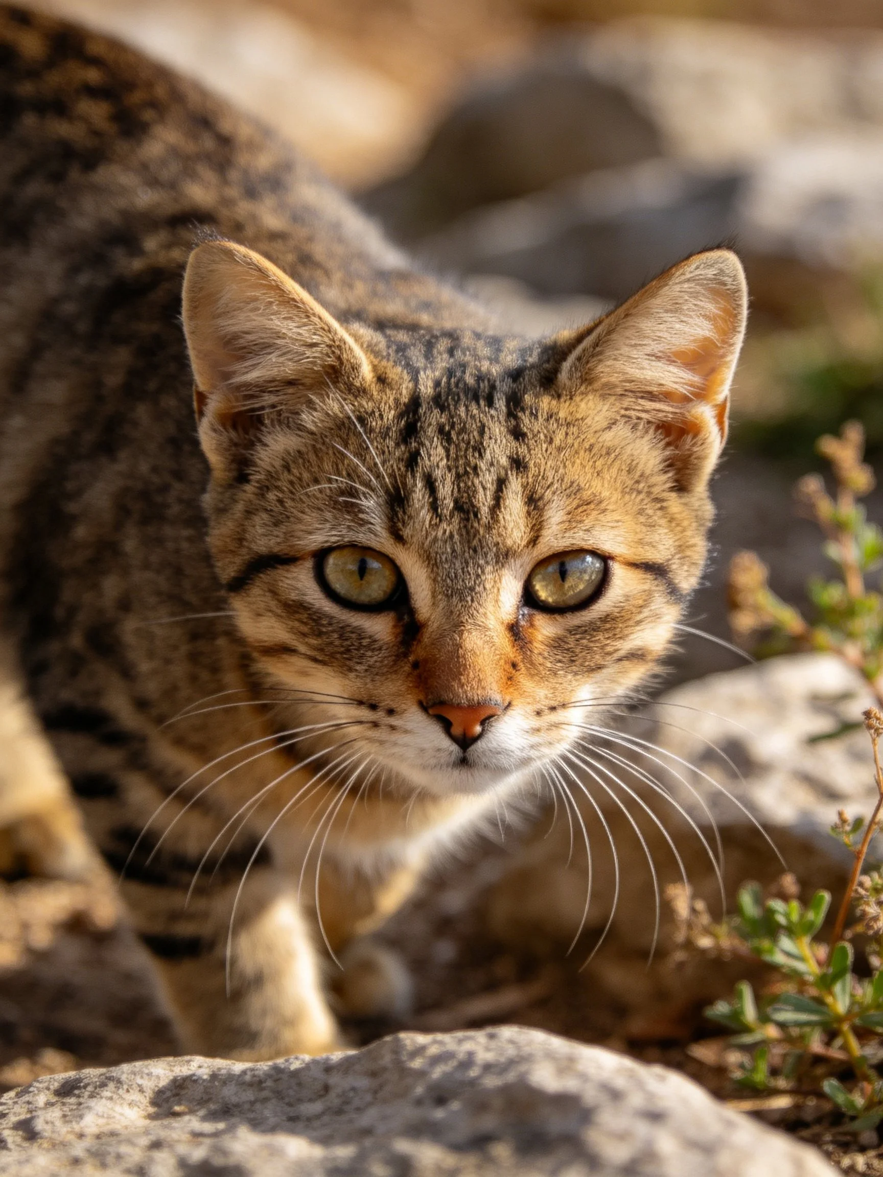 A close - up of a tabby cat with earthy fur near rocks