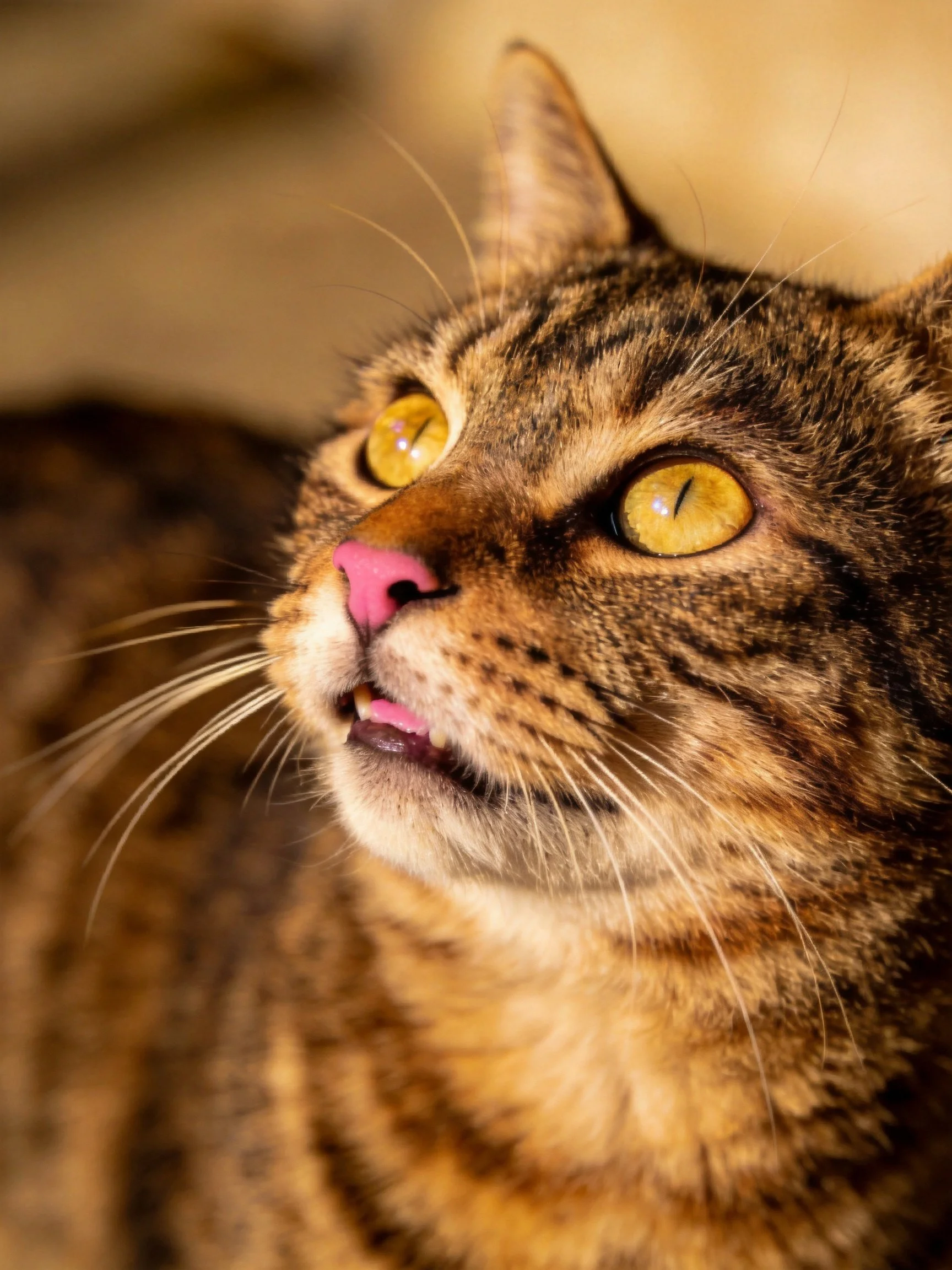 A tabby cat gazes upward with vivid golden eyes.