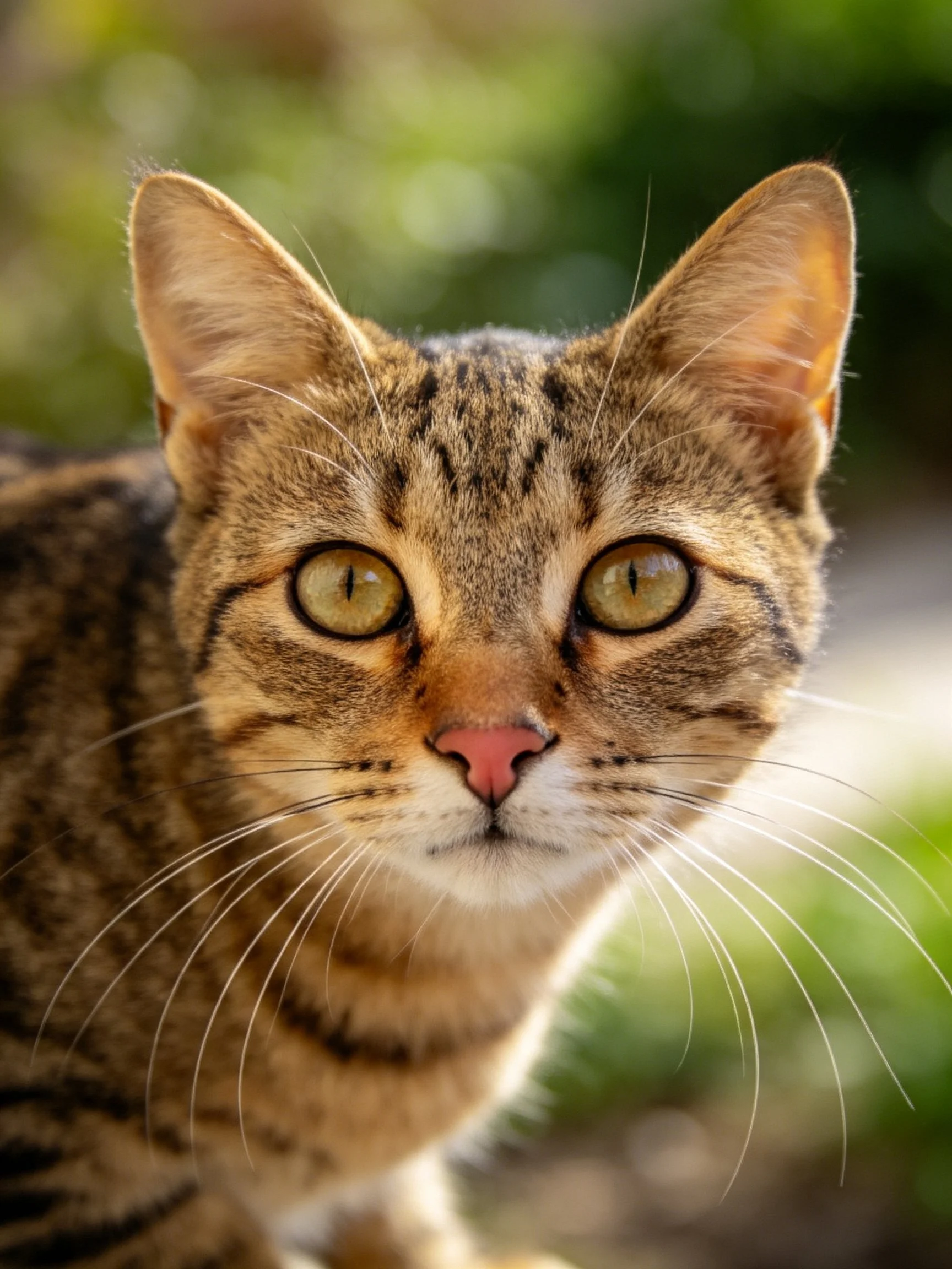 A tabby cat with golden eyes and striped fur looks directly at the camera.