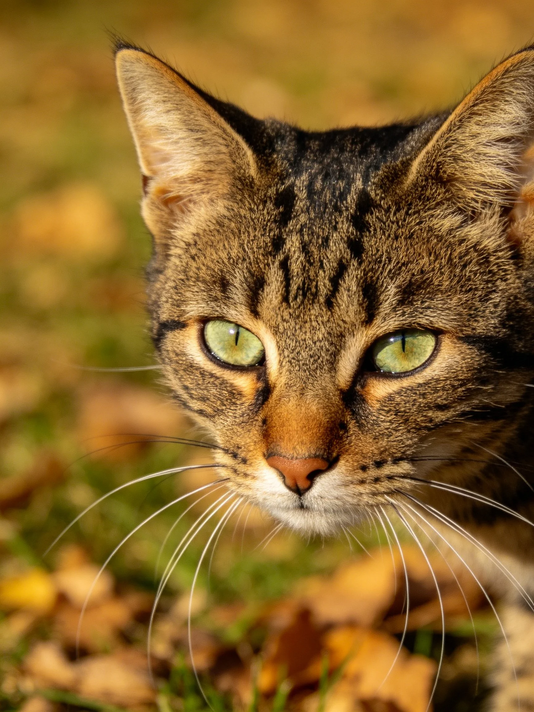 A close - up of a tabby cat with green eyes among autumn foliage