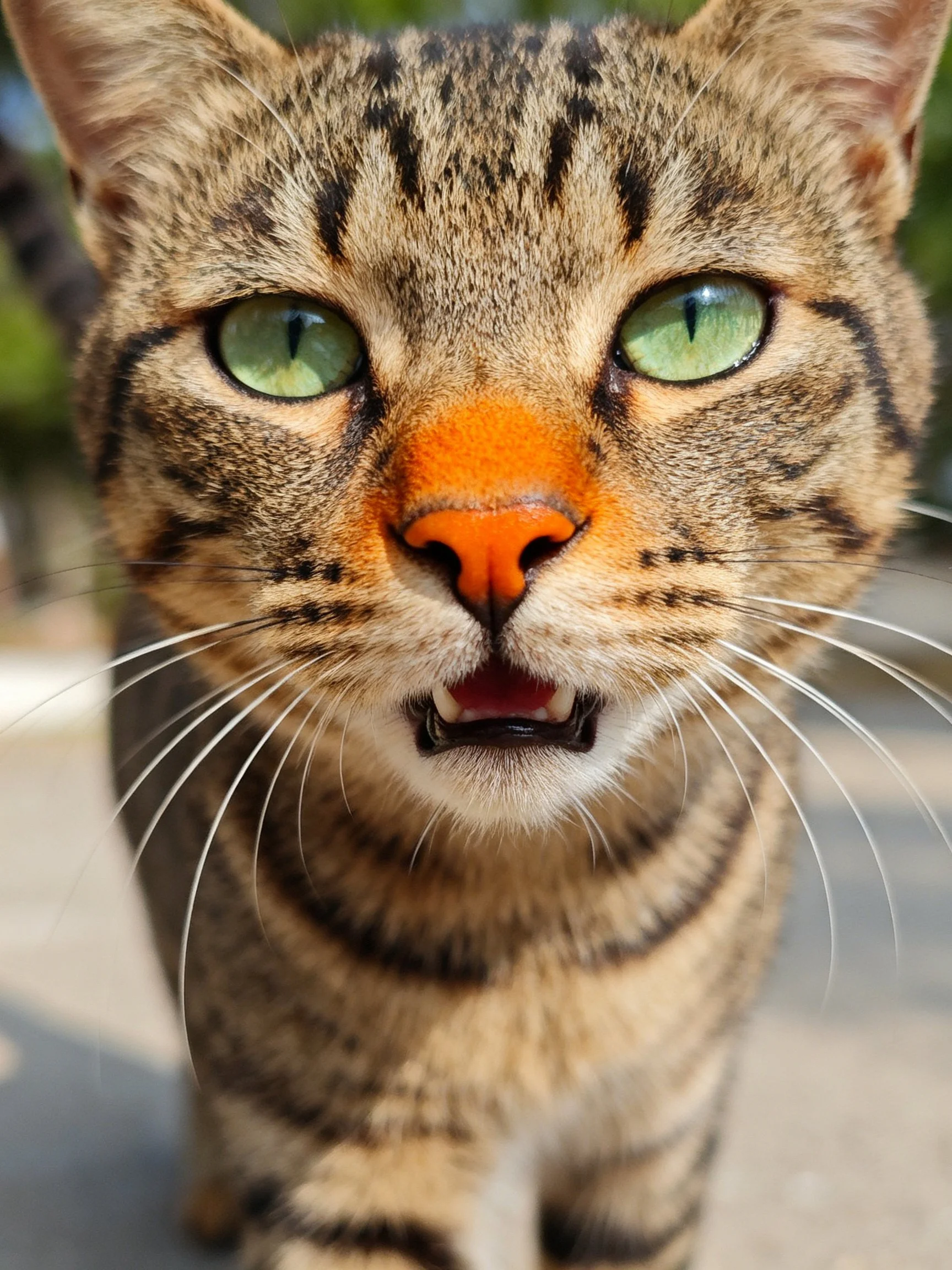 A close - up shows a tabby cat with green eyes and an orange nose.