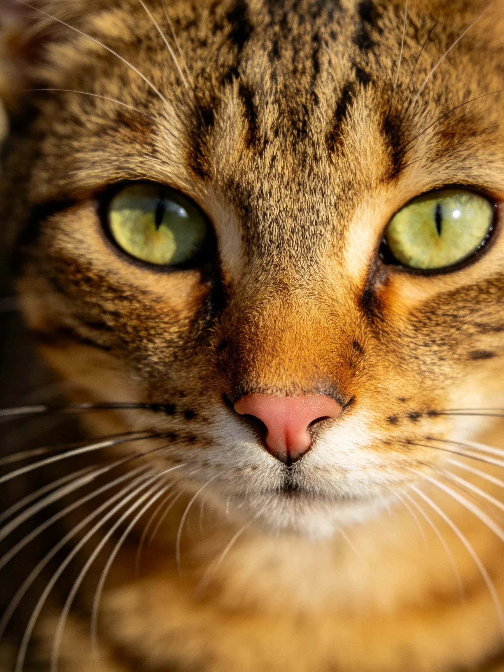 A close - up reveals a tabby cat with vivid green eyes and distinctive fur patterns.