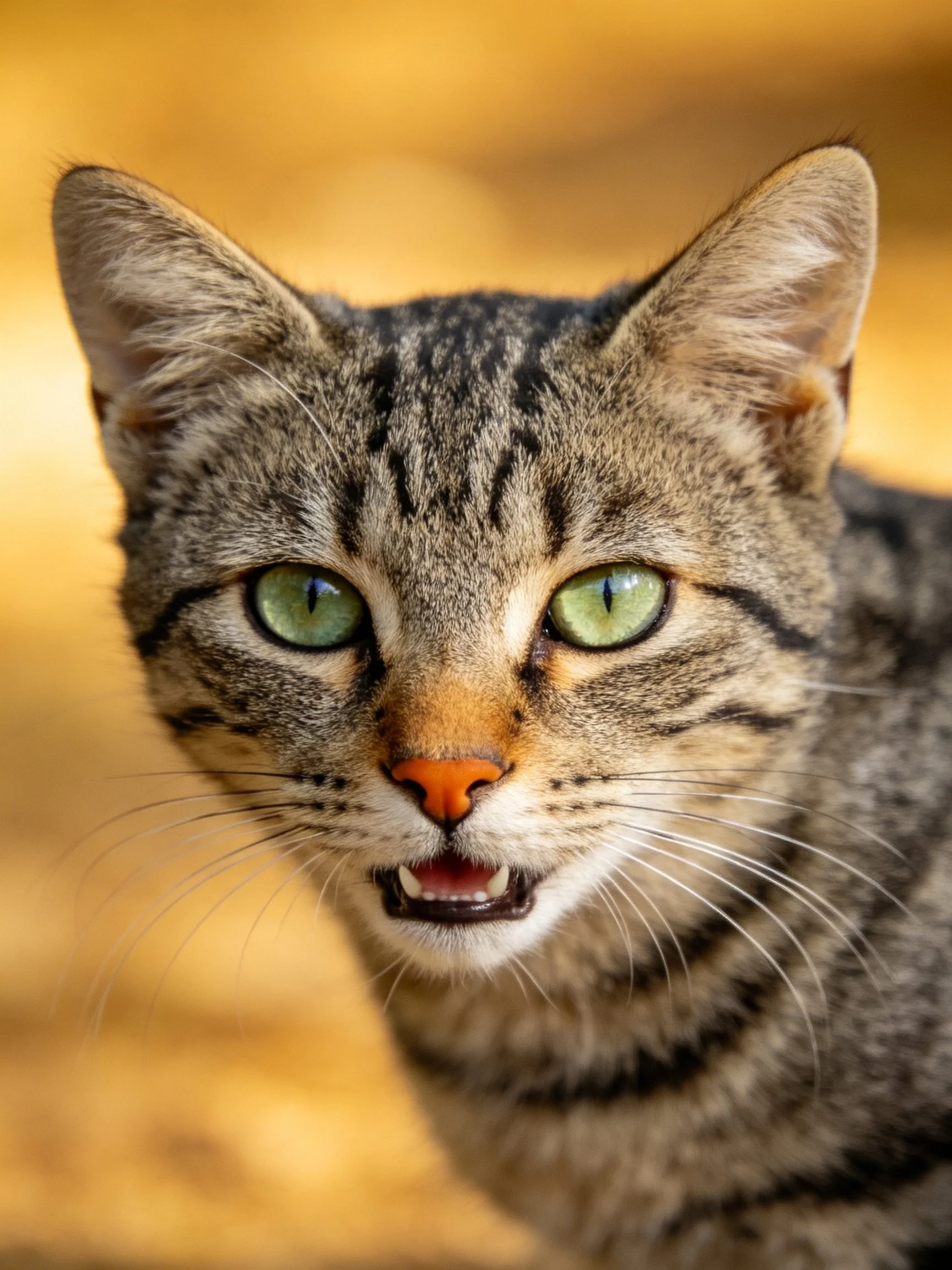 A tabby cat with green eyes and an orange nose is shown up close.