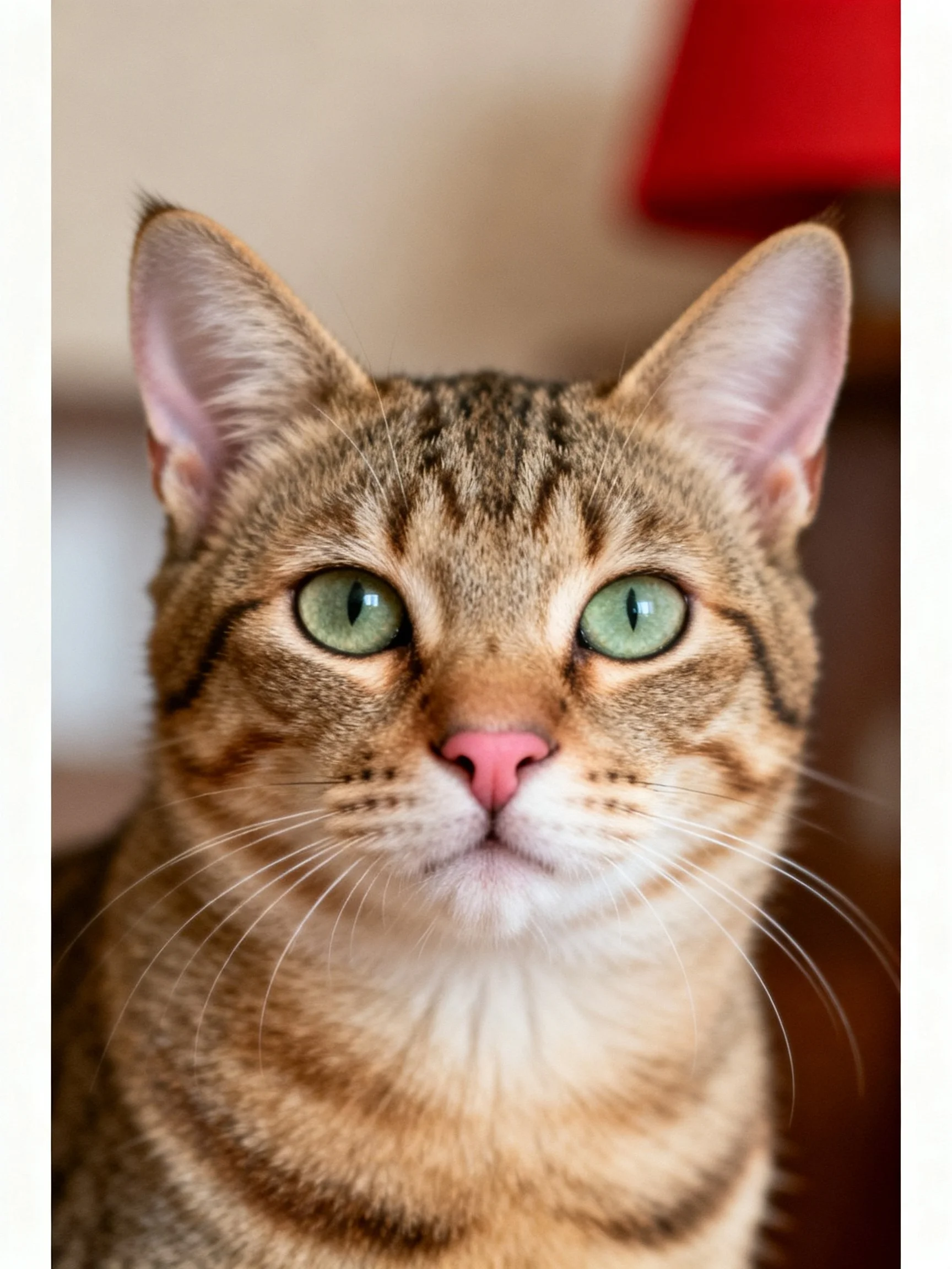 A tabby cat with green eyes and pink nose is photographed closely.